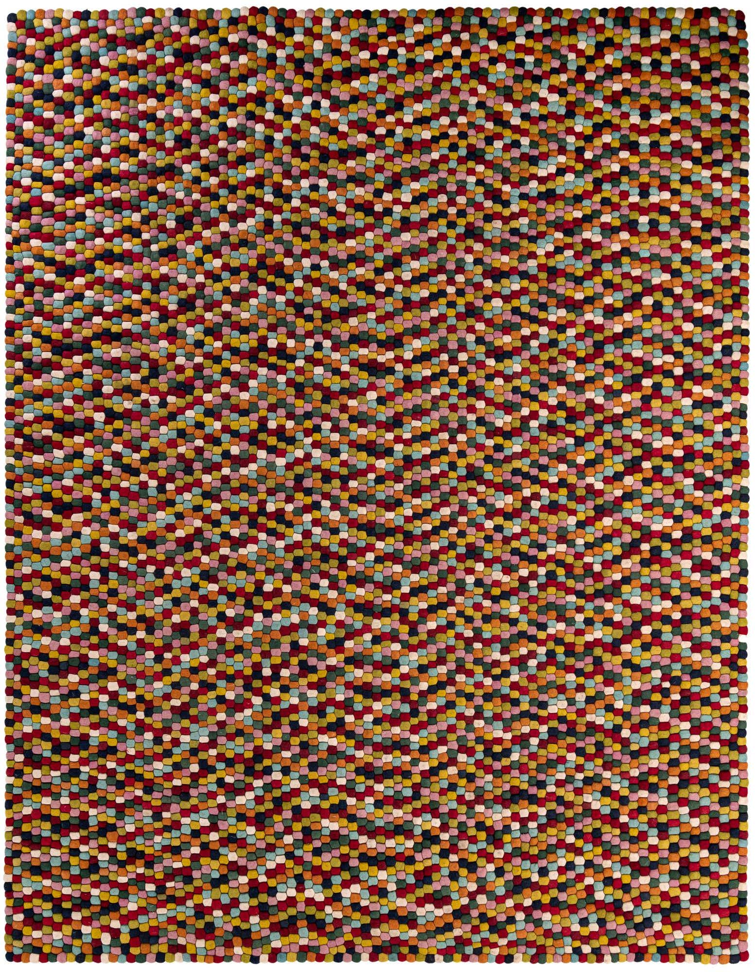 A vibrant 10x13 rectangular multi-colored felt ball rug featuring a modern, abstract pattern, perfect for a playful living room or bedroom.