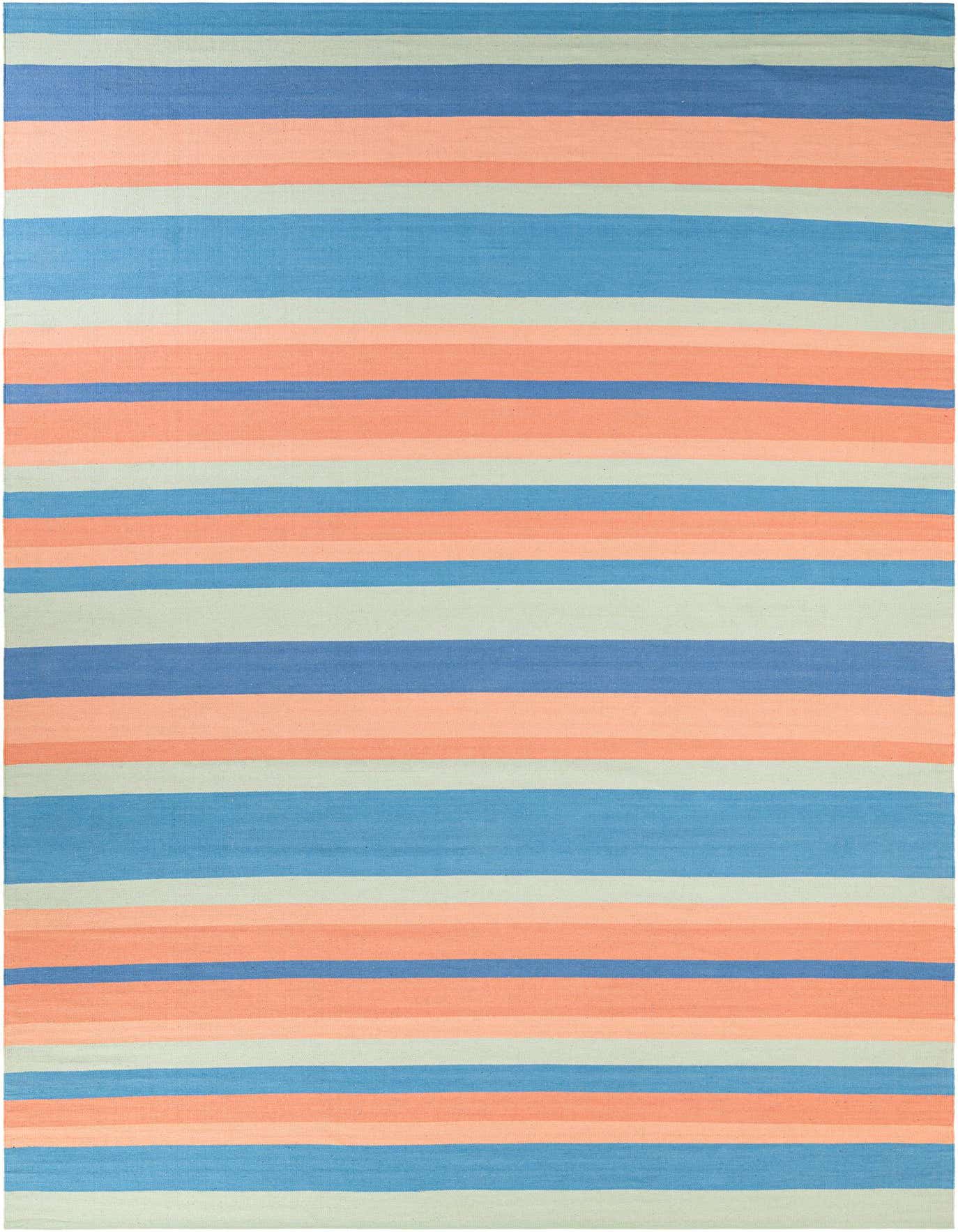 A 10x14 rectangular multi-colored striped flatweave rug in shades of blue, peach, and light green.