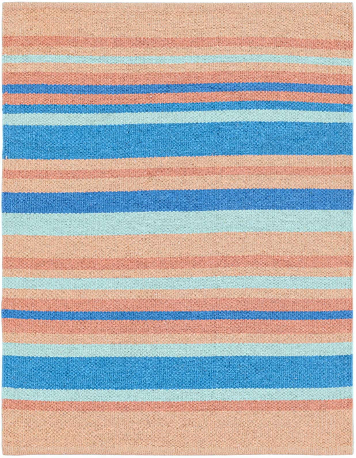 A 2x3 rectangular flatweave cotton dhurrie rug featuring horizontal stripes in varying shades of peach, coral, light blue, and royal blue.