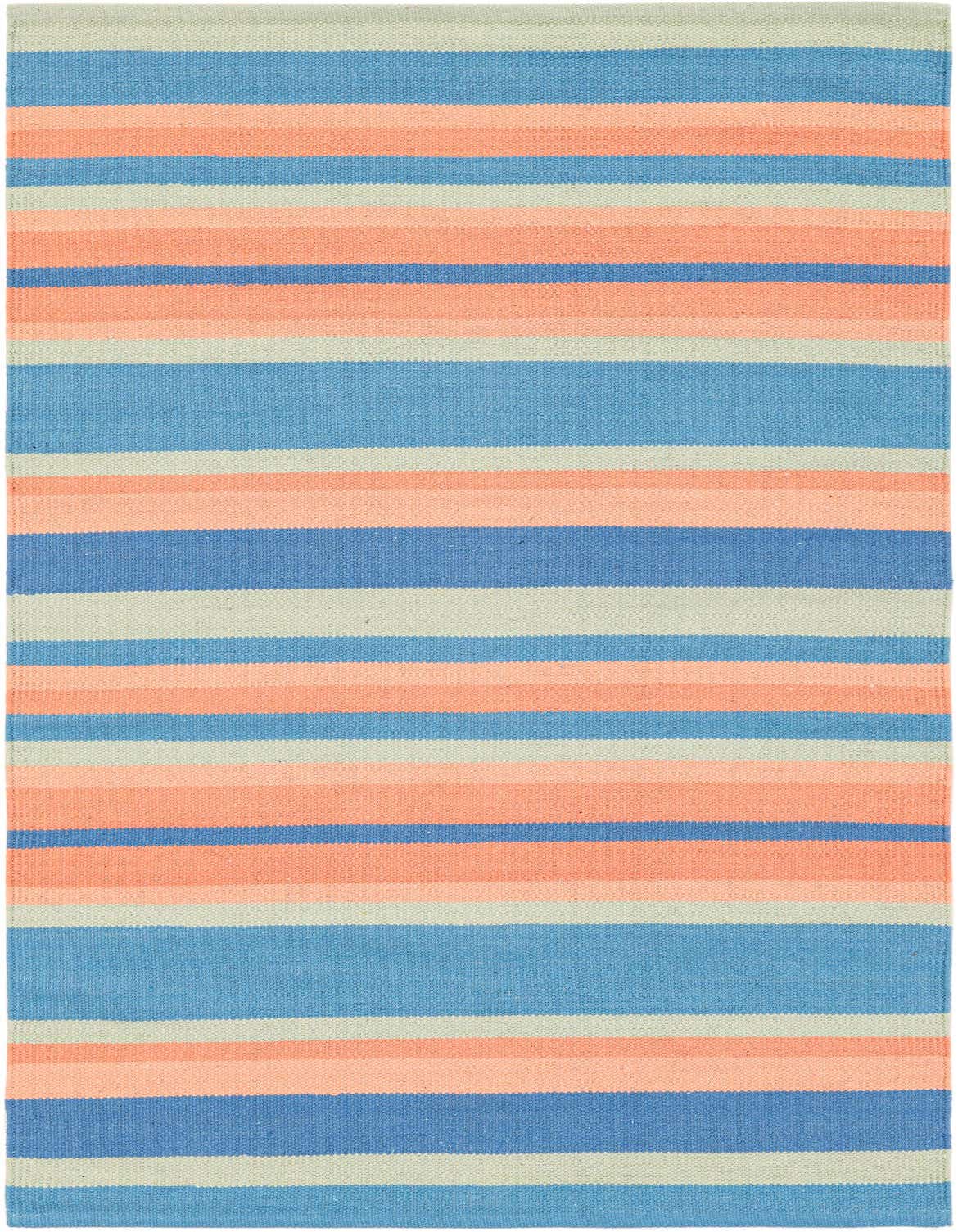 A 3x5 rectangular Flatweave Cotton Dhurrie rug with modern multi-colored stripes in shades of blue, peach, and light green.