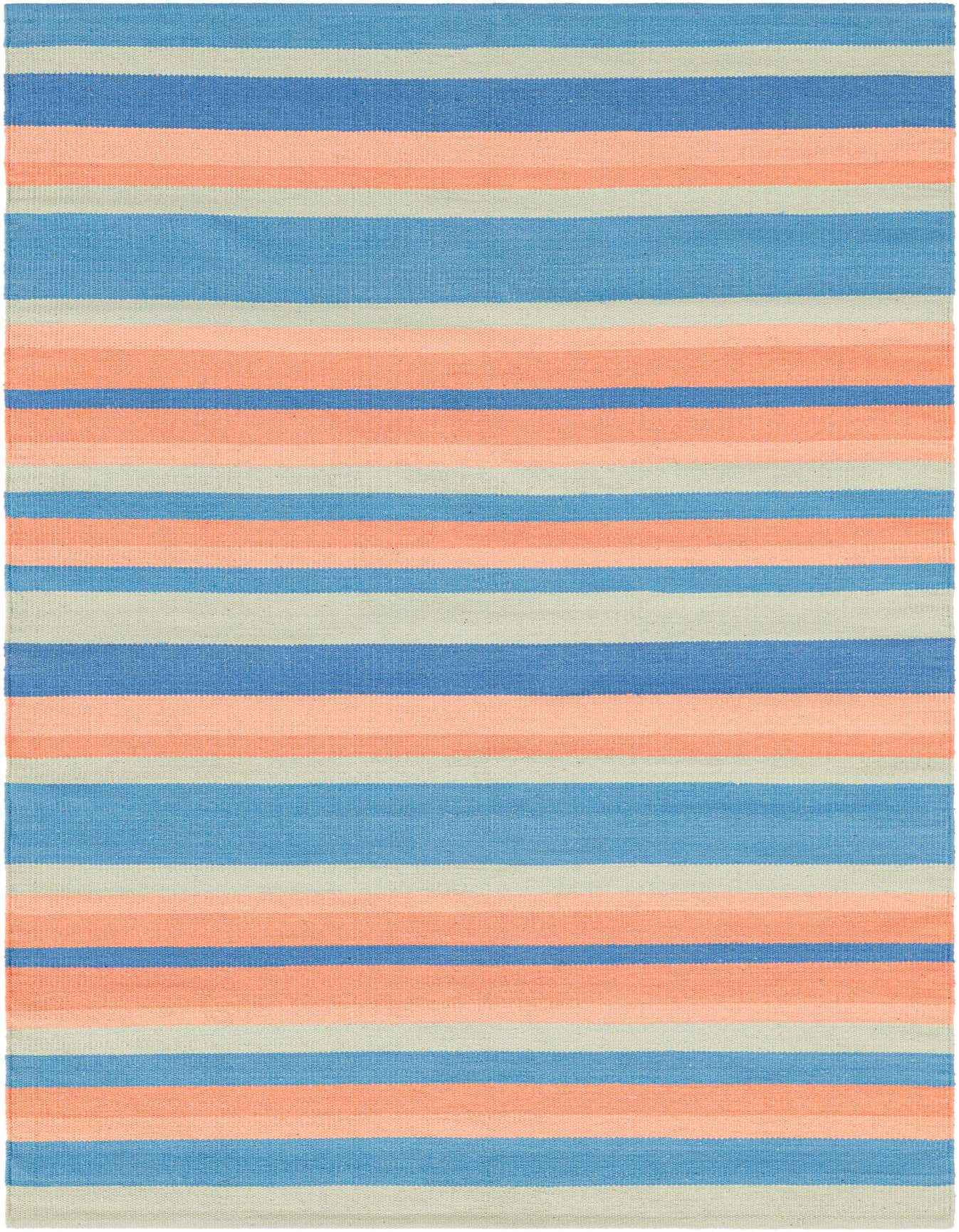 A 4x6 rectangular flatweave rug with horizontal stripes in varying shades of blue, coral, and light sage green.