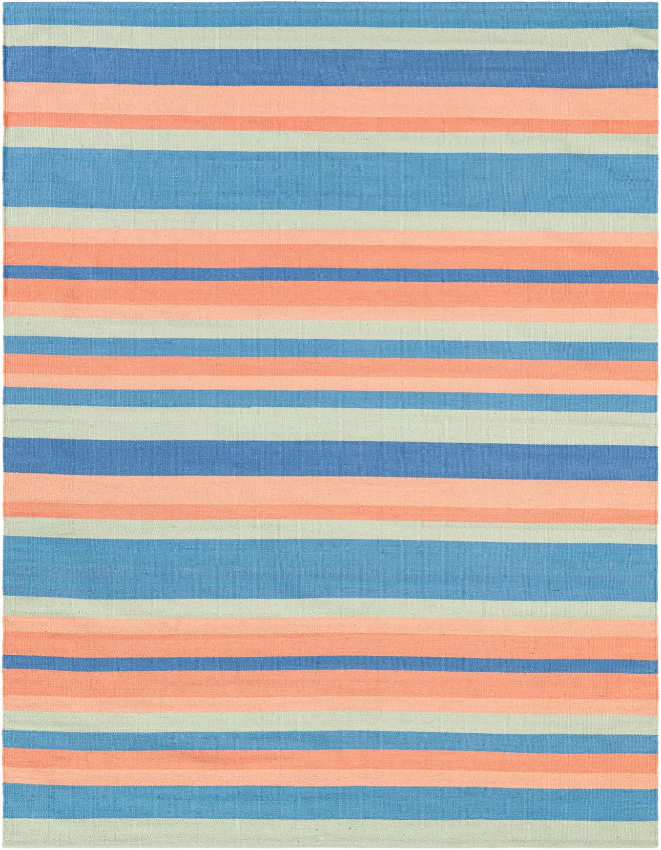 A 6x9 rectangular flatweave cotton rug featuring modern stripes in varying shades of blue, peach, and light green.