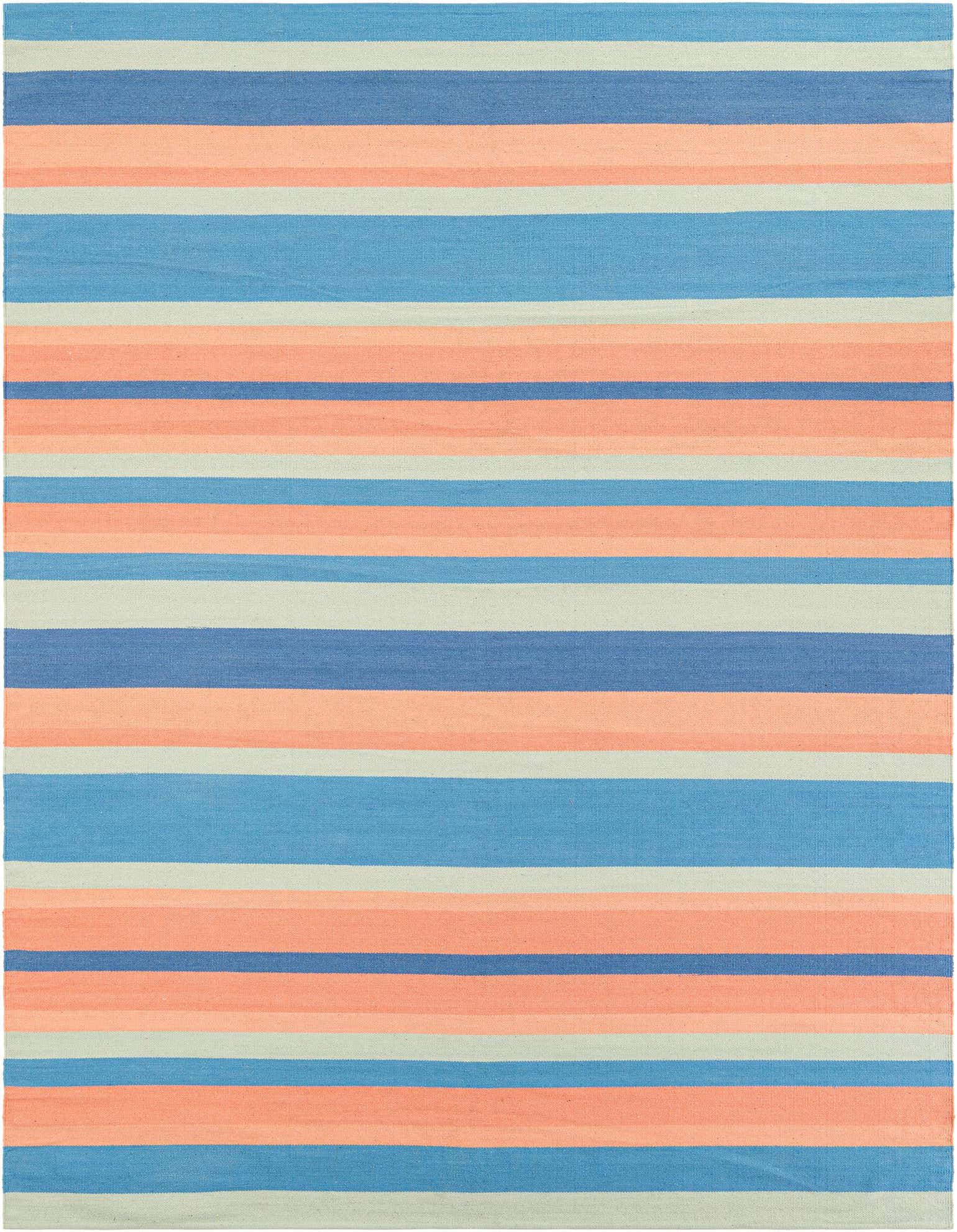 A rectangular 8x10 flatweave cotton rug with horizontal stripes in shades of blue, peach, and light grey.