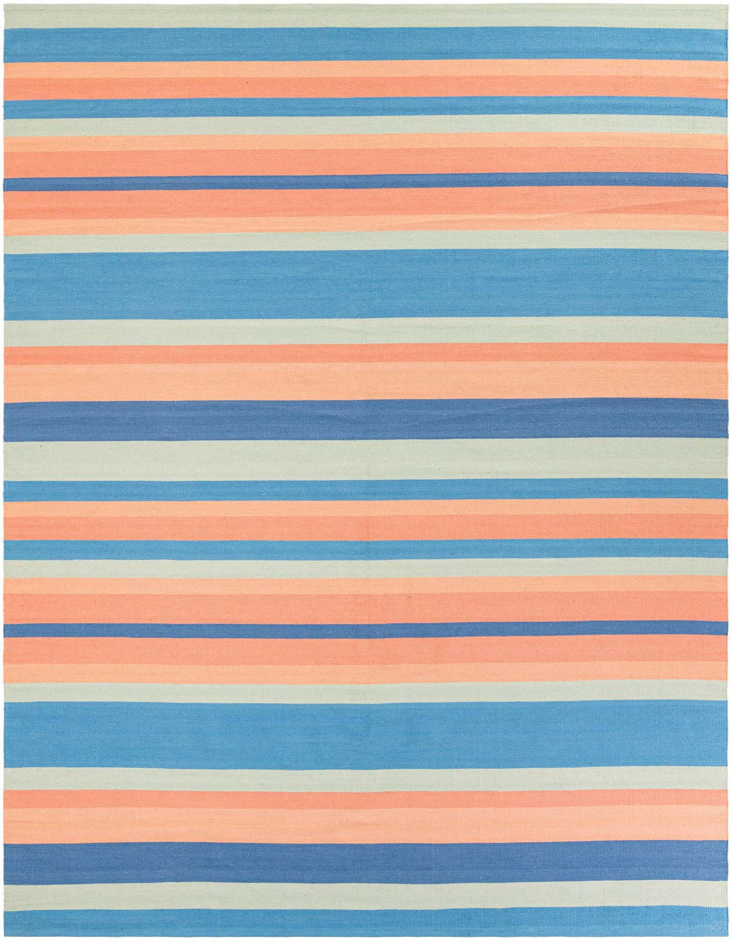 A 9x12 rectangular flatweave rug with horizontal stripes in varying shades of blue, peach, and light green.