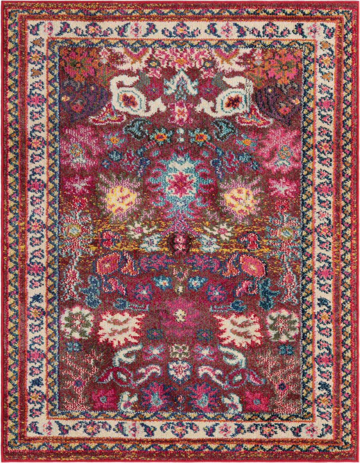 A vibrant 3x5 rectangular multi-colored Bohemian rug with intricate floral and botanical patterns, ideal for a kitchen or entryway.