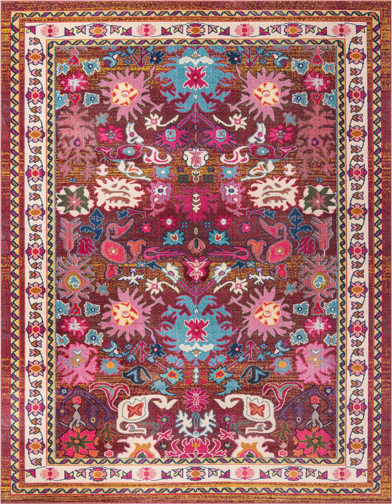A multi-colored rectangular palace rug featuring a vibrant bohemian floral pattern with shades of pink, blue, and red on a dark background.