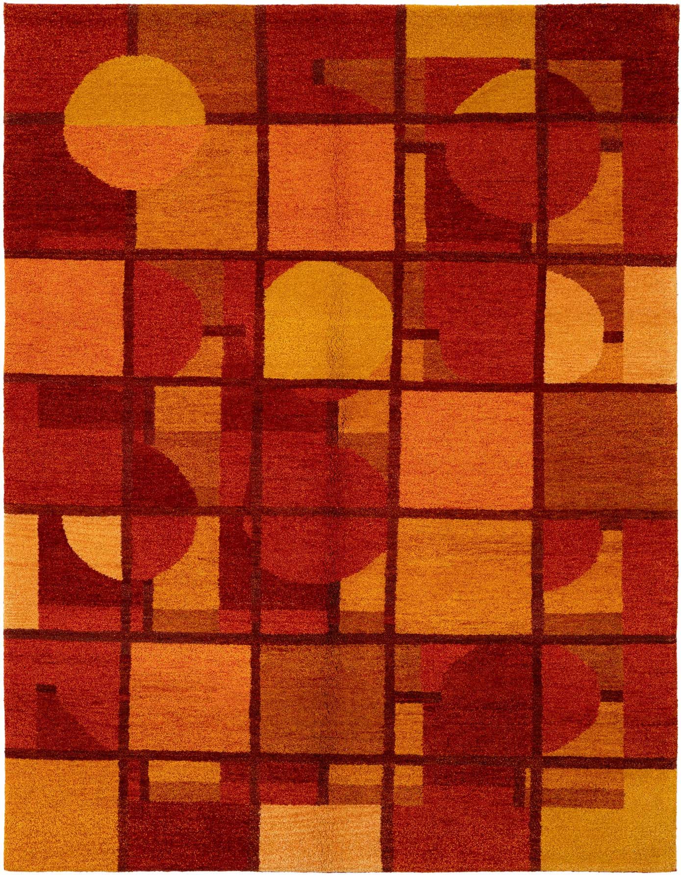 A 5x8 rectangular Gabbeh rug featuring a modern abstract pattern of multi-colored squares and circles in shades of red, orange, and gold.