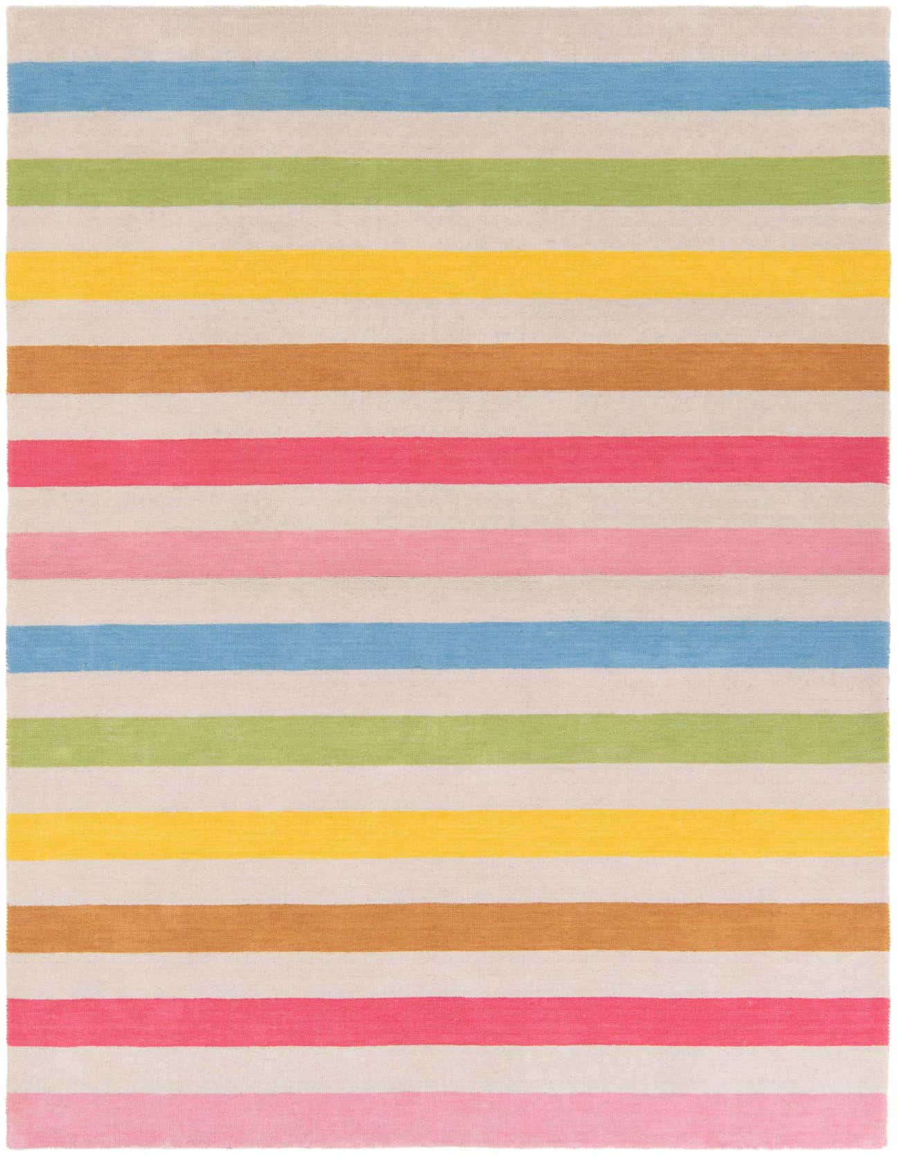 A 5x8 rectangular multi-colored striped wool rug with shades of blue, green, yellow, brown, and pink on a cream background.