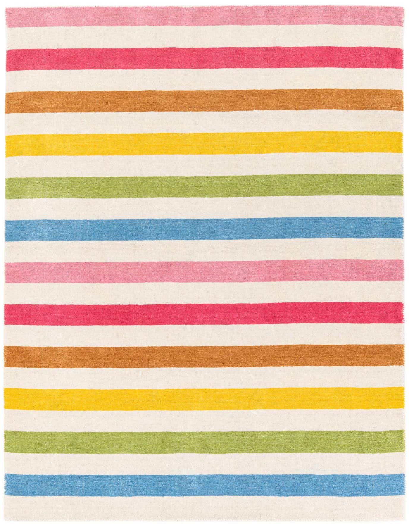 A 4x6 rectangular Gabbeh rug with wide horizontal stripes in pink, red, brown, yellow, green, and blue on a cream background.