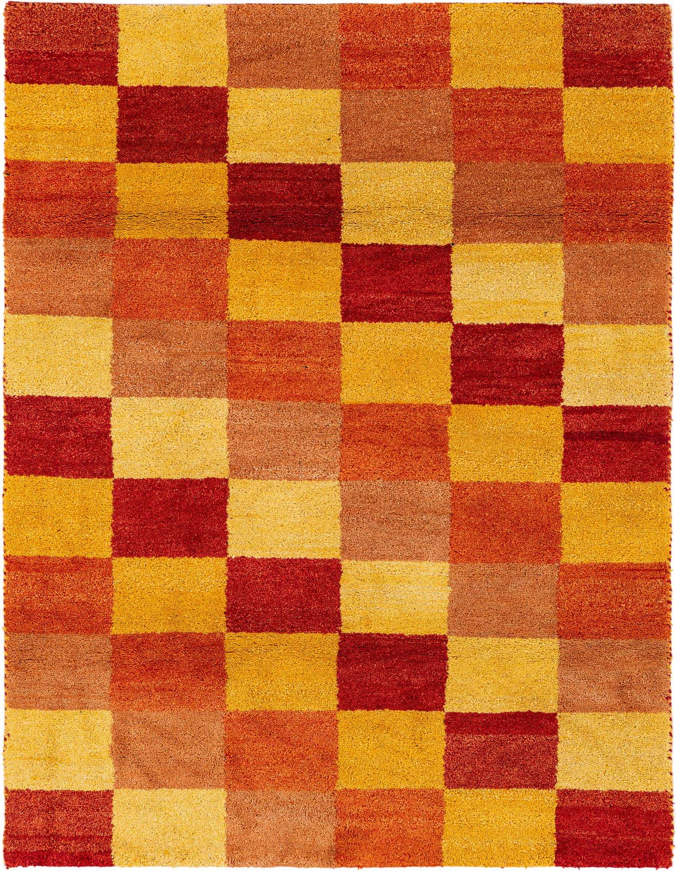 A 4x6 rectangular Gabbeh rug featuring a modern checkered pattern in shades of red, orange, and yellow.