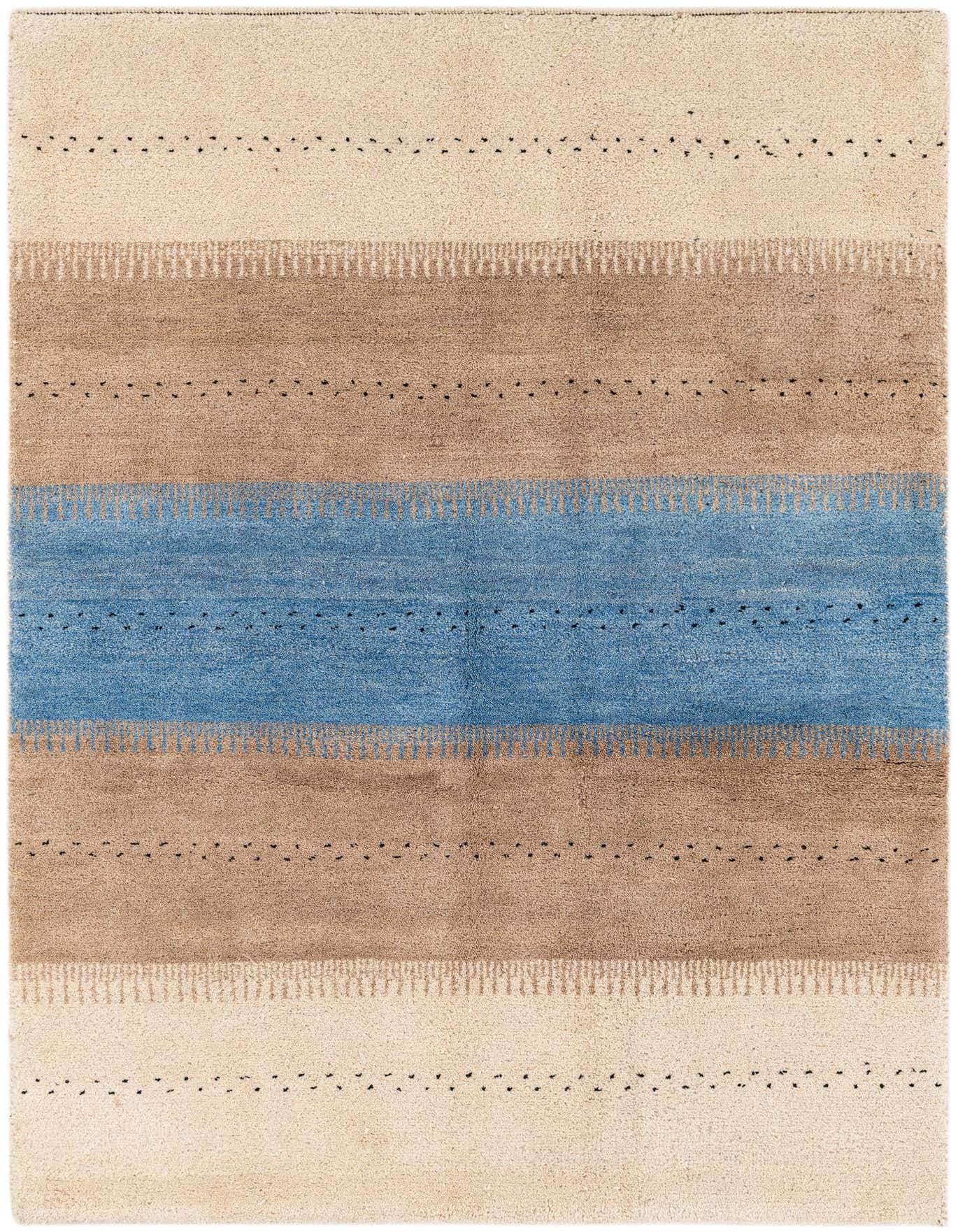 A 5x7 rectangular Gabbeh rug featuring wide horizontal stripes in beige, brown, and a central blue band with textured patterns.