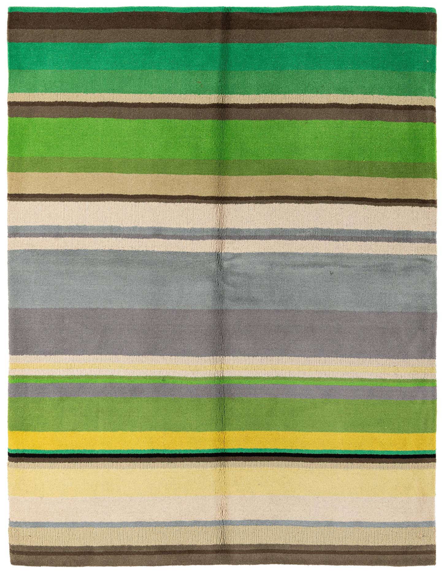 A 5x8 rectangular Gabbeh rug featuring modern stripes in shades of green, gray, brown, yellow, and cream.