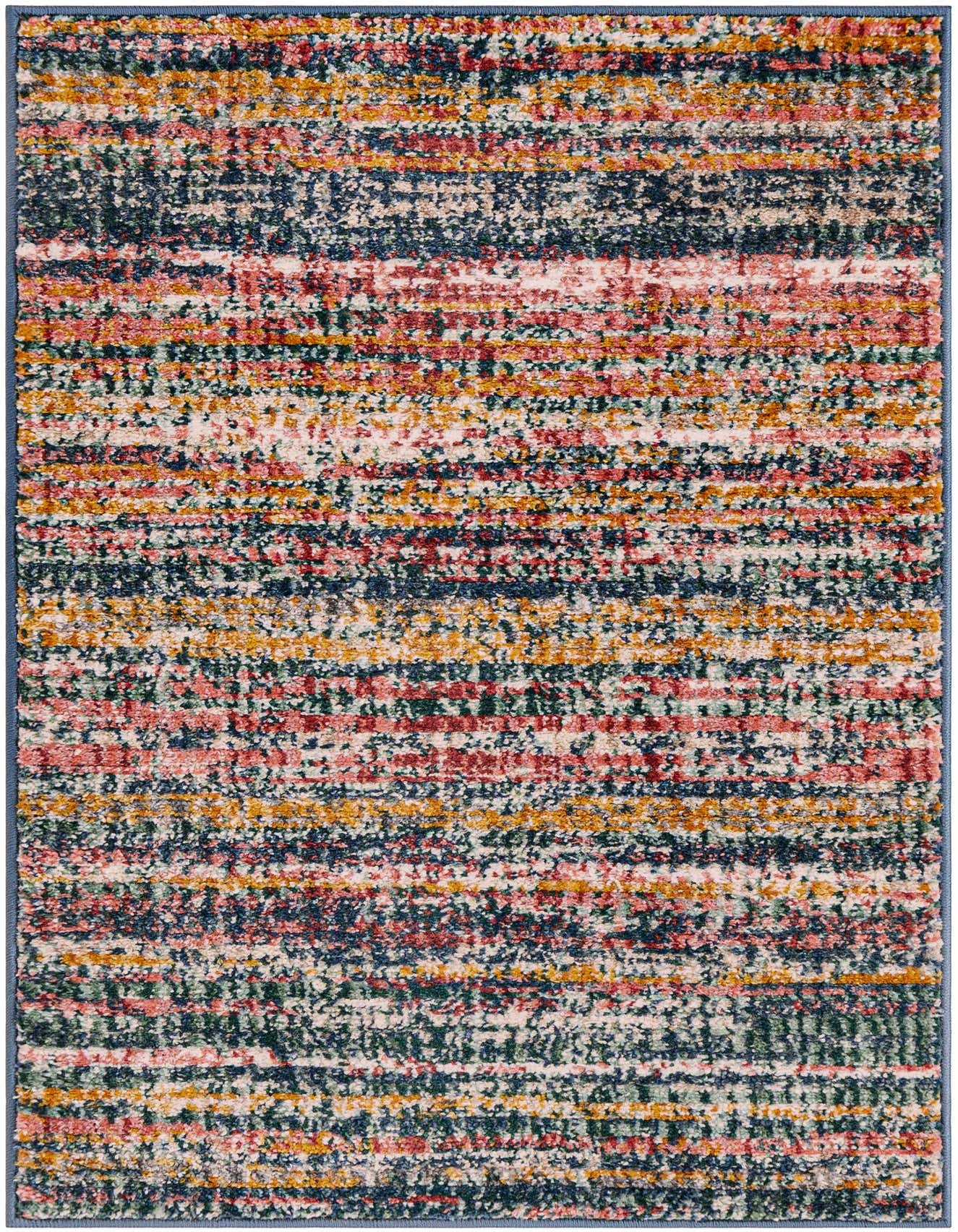 A 2x3 rectangular multi-colored modern rug with a textured, high pile, featuring horizontal stripes of various colors like navy, gold, red, and pink.