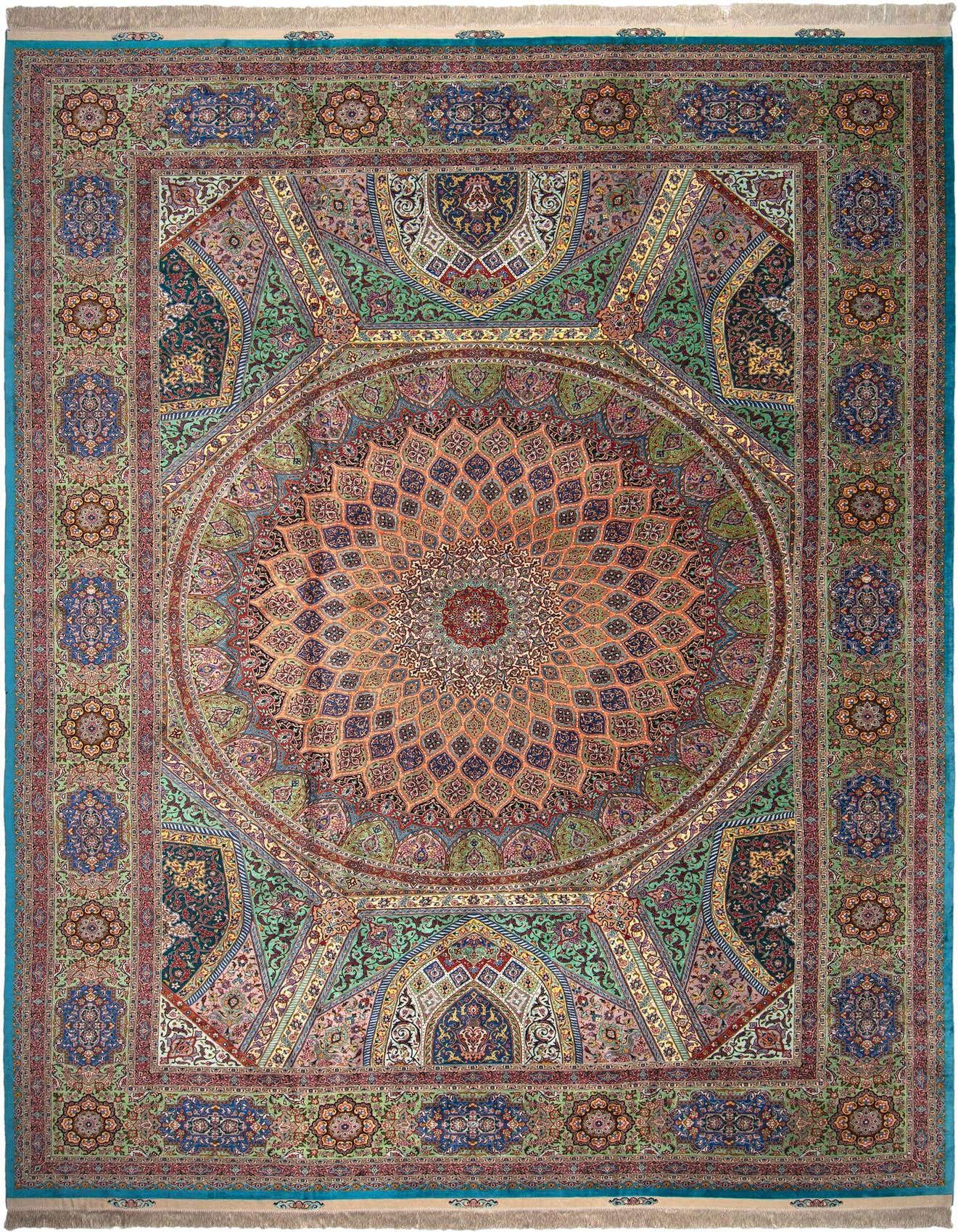 A large 12x16 multi-colored rectangular Persian rug with an intricate central medallion and detailed border, suitable for a living room.