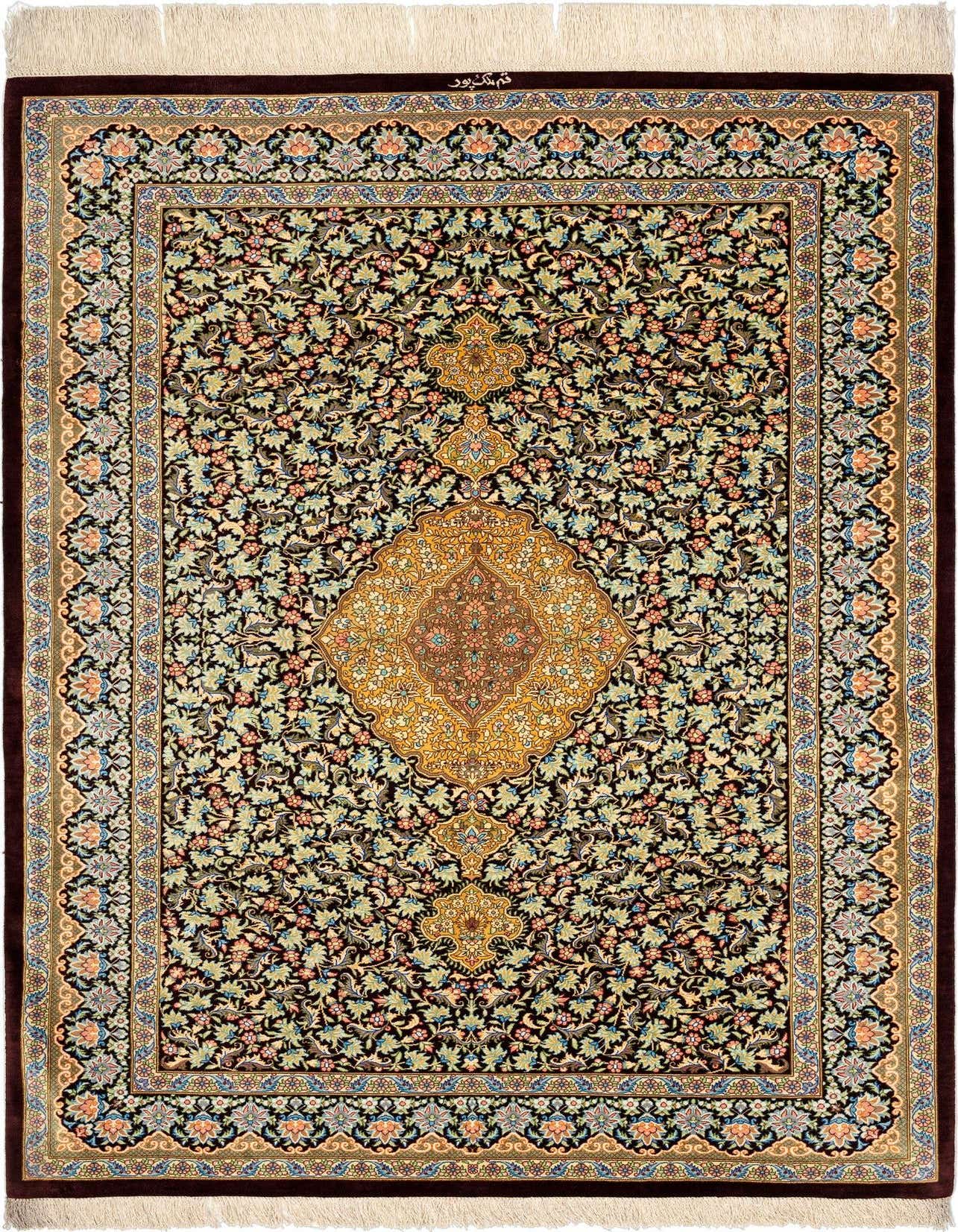 A luxurious 3x5 rectangular Persian silk rug with a multi-colored floral pattern on a dark background, featuring a prominent central medallion and intricate borders.