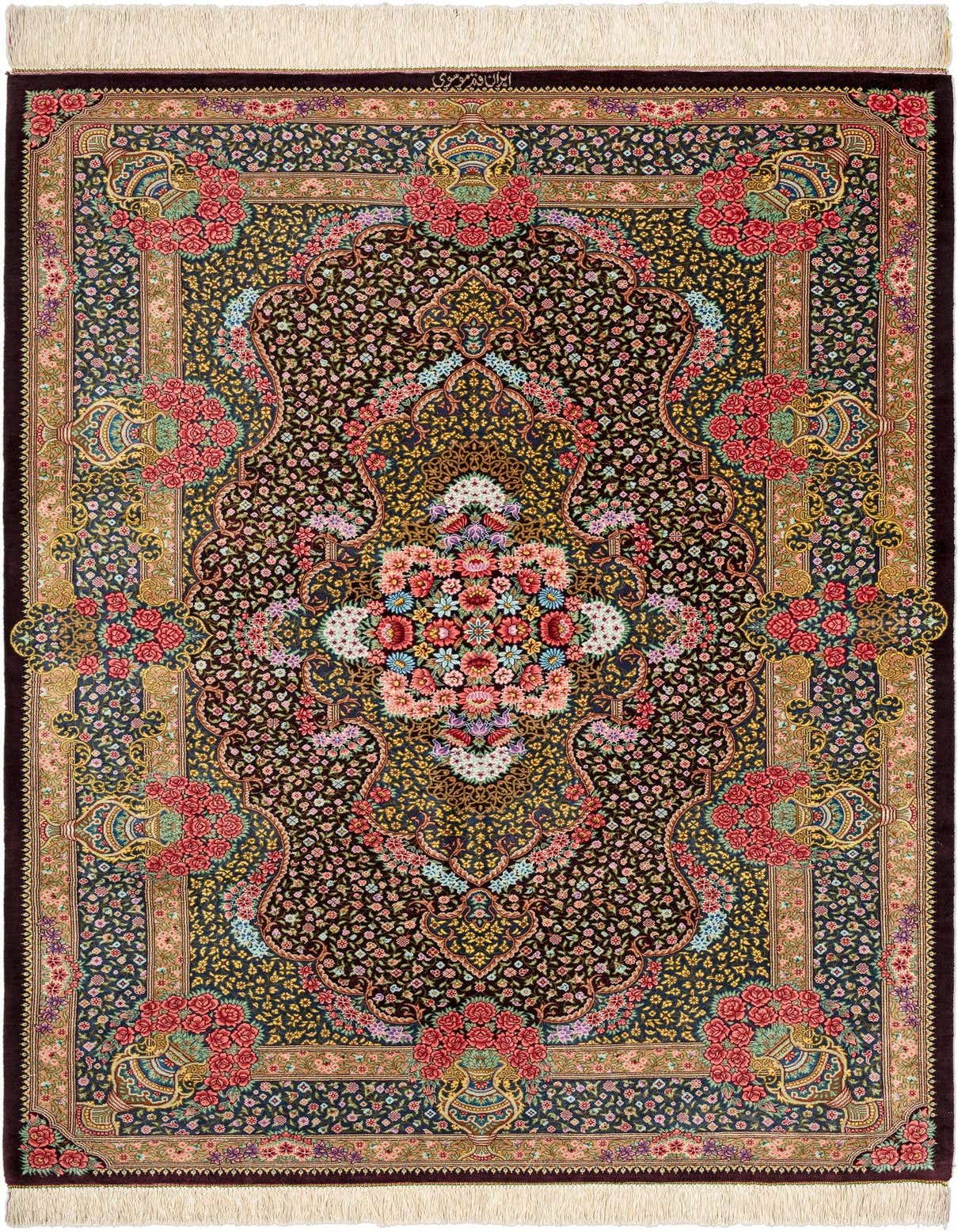 A 3x5 rectangular Ghom Silk Persian rug with a multi-colored floral medallion on a dark background, featuring intricate patterns and fringed ends.