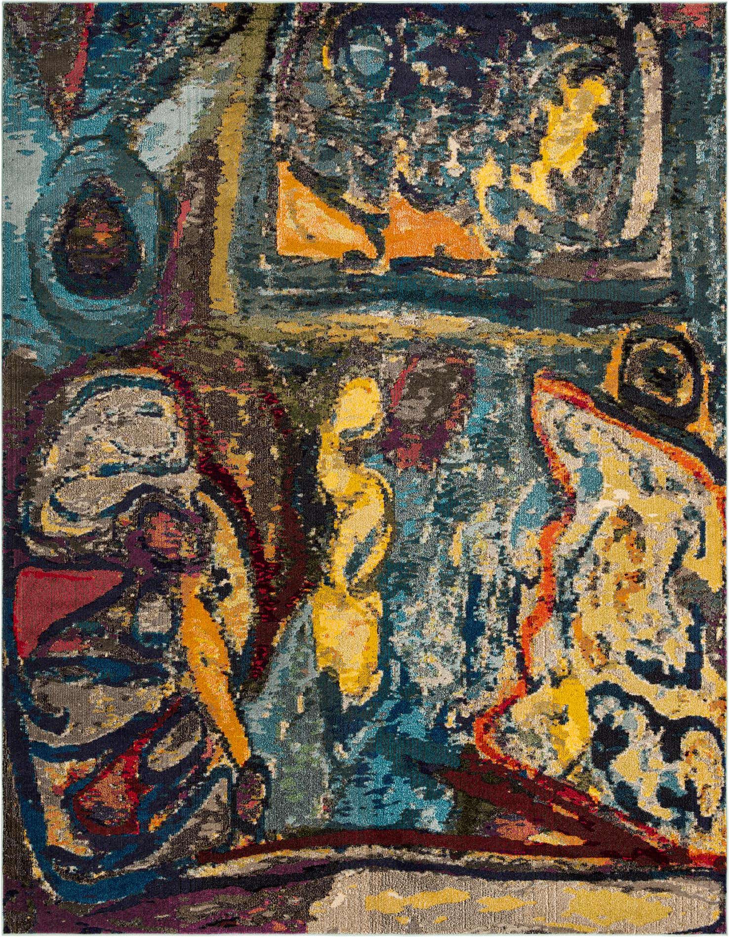 A vibrant 9x12 rectangular abstract rug with a multi-colored modern pattern, featuring shades of blue, yellow, orange, and red.