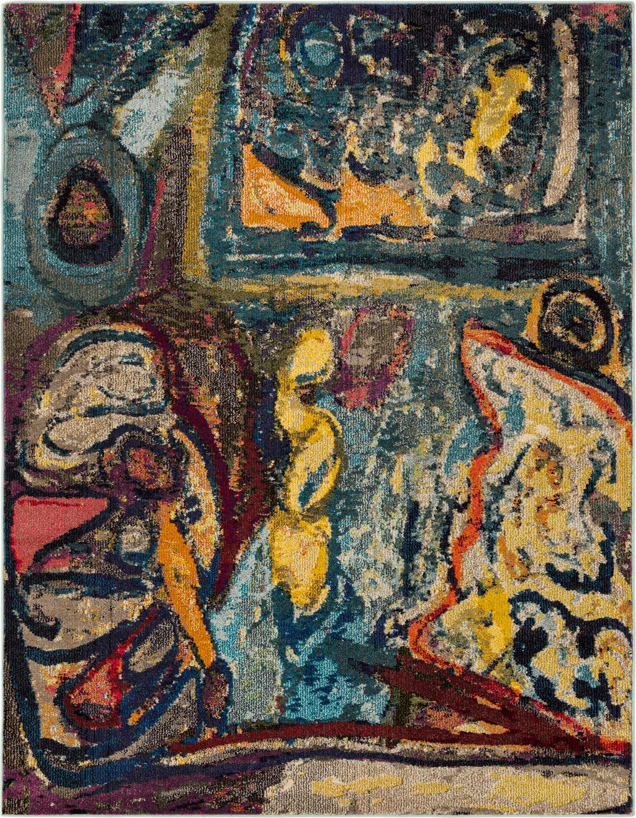 A 5x8 rectangular Haerfest rug featuring a vibrant, multi-colored abstract pattern with shades of blue, yellow, red, and purple, suitable for a modern living space.