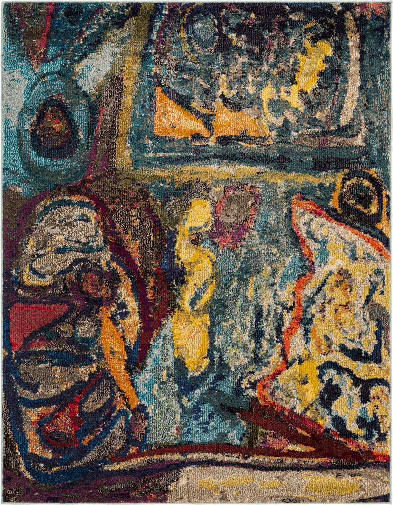 A 4x6 multi-colored abstract area rug with a modern design, featuring vibrant blues, yellows, and reds.