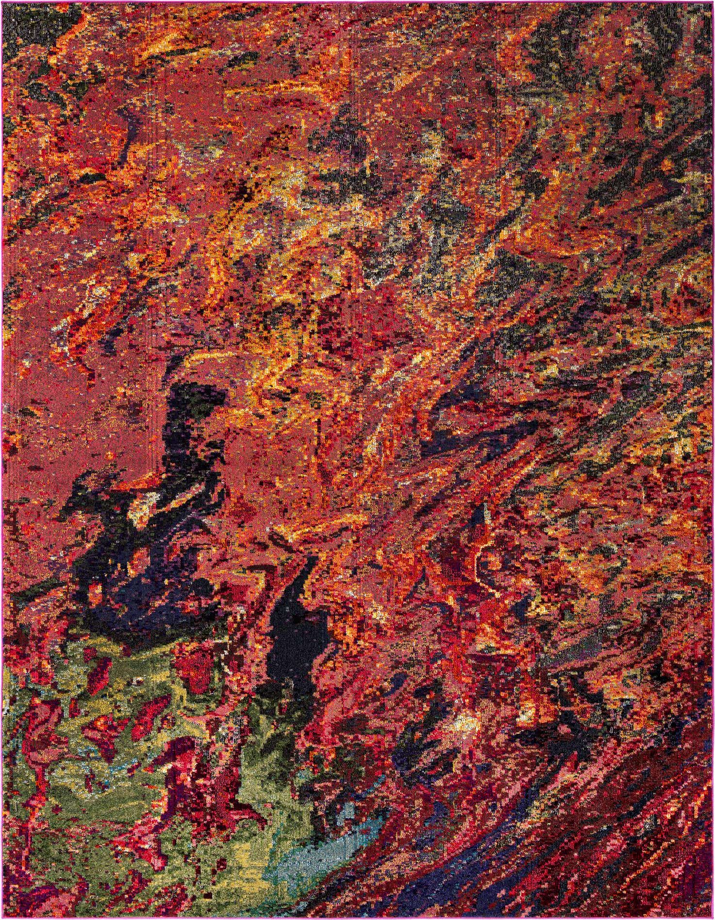 A 9x12 rectangular Haerfest rug featuring a vibrant, multi-colored abstract pattern with reds, oranges, and hints of green and blue.