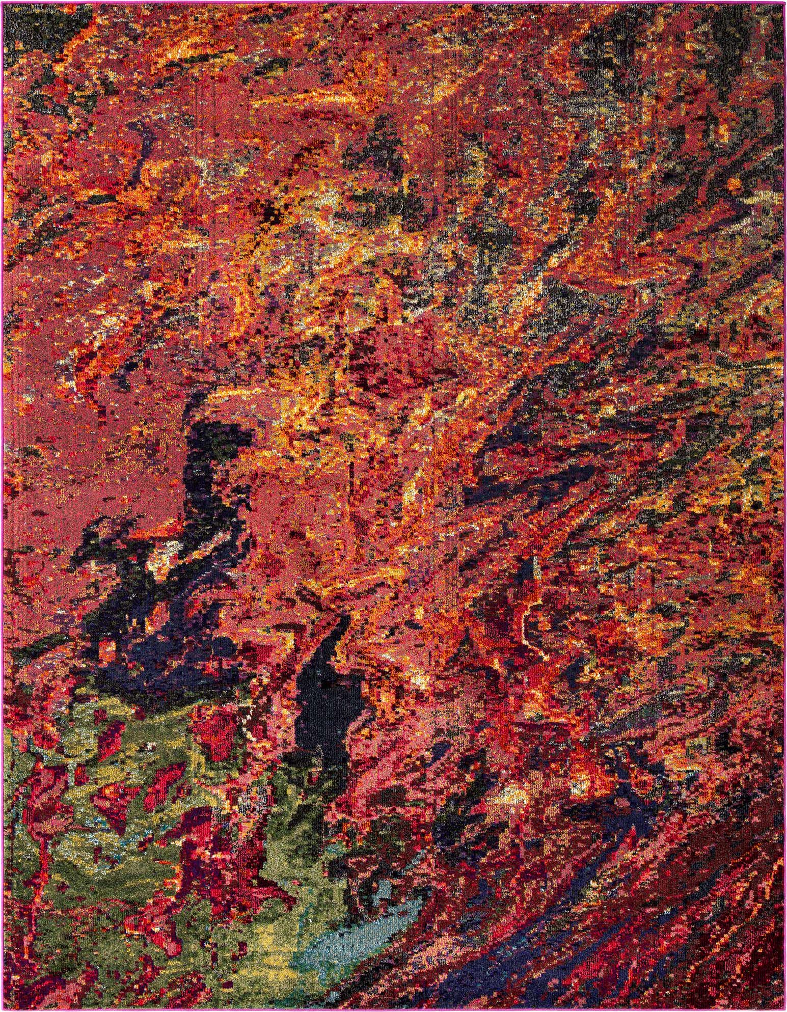 A vibrant 8x10 rectangular modern abstract rug in multi-colored hues of red, orange, yellow, green, and blue, perfect for a living room.