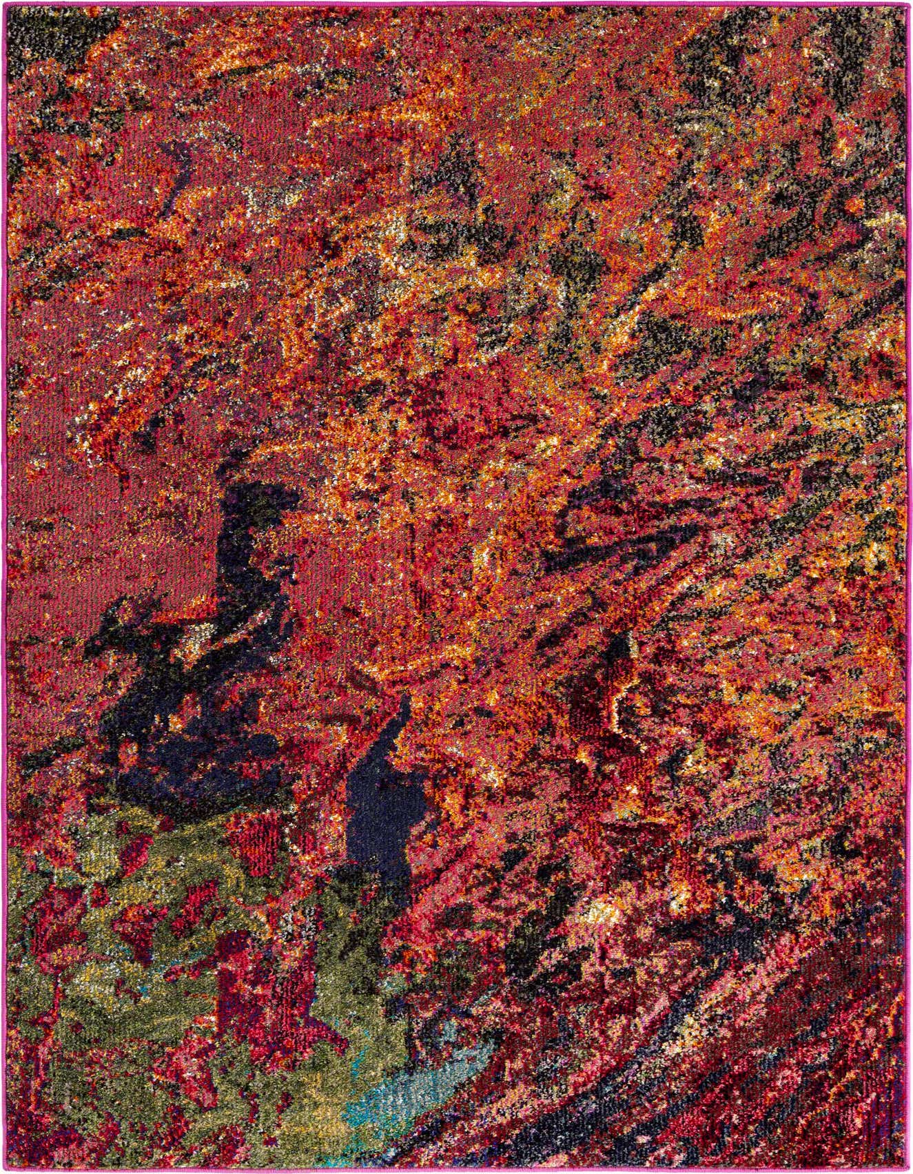 A 4x6 rectangular multi-colored abstract rug with vibrant reds, oranges, and hints of green and blue, suitable for a modern living space.