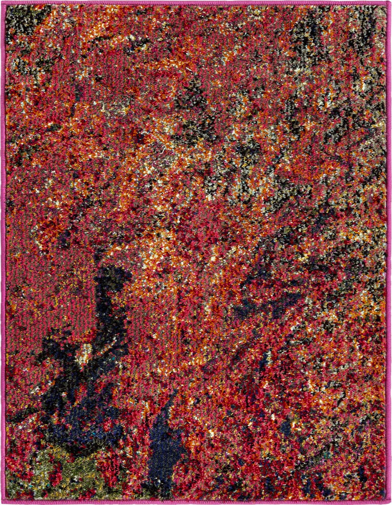 A 2x3 rectangular Haerfest rug by Rugs.com, featuring a vibrant multi-colored abstract pattern with shades of red, orange, black, and white, framed by a fuchsia border.