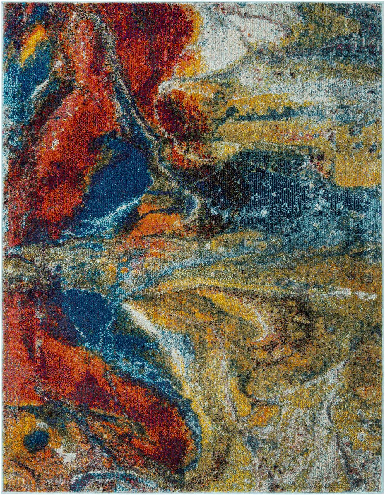 A 4x6 rectangular multi-colored modern abstract rug with vibrant swirls of red, blue, yellow, and white.