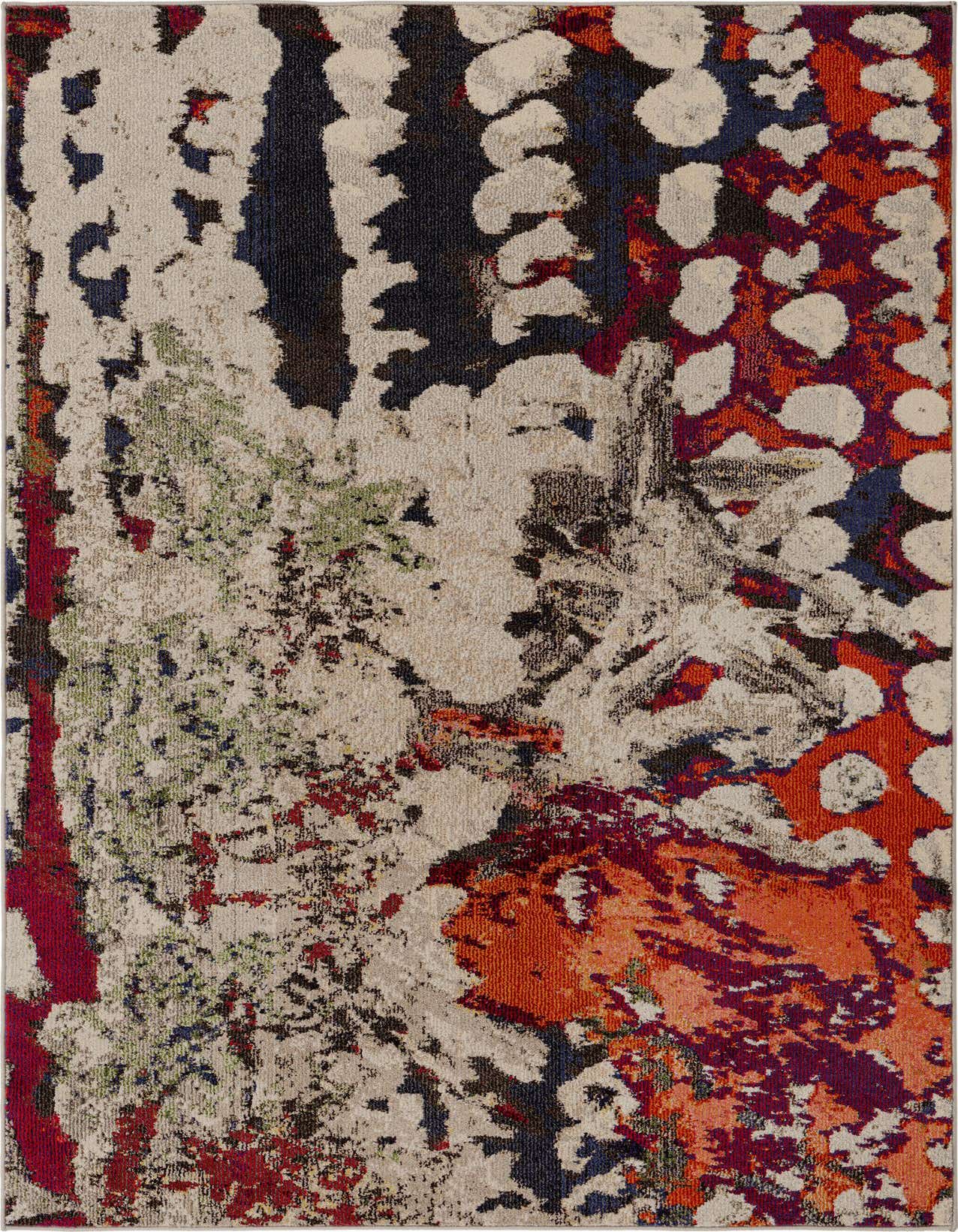 A 5x8 rectangular multi-colored abstract rug with a modern design, featuring shades of red, orange, blue, green, and beige.