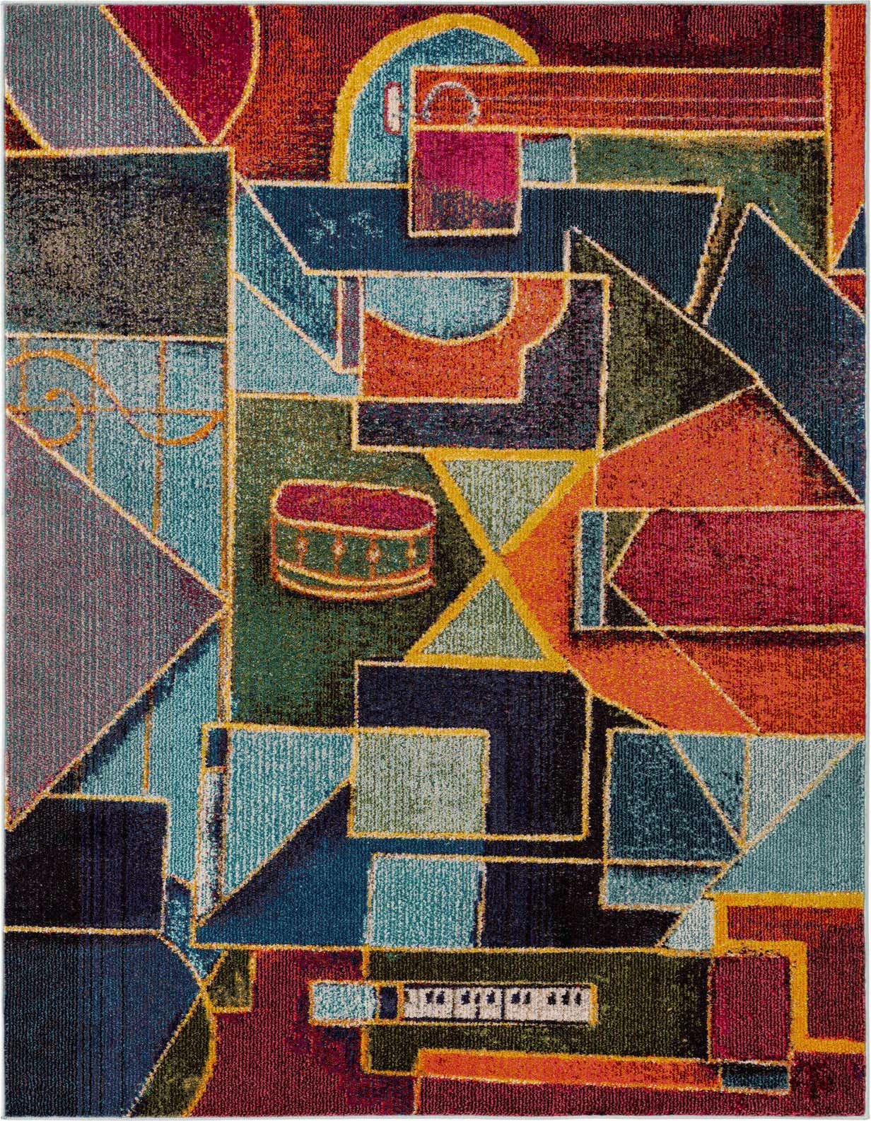 A vibrant 5x8 rectangular rug featuring a multi-colored modern abstract pattern with geometric shapes and musical instrument motifs.