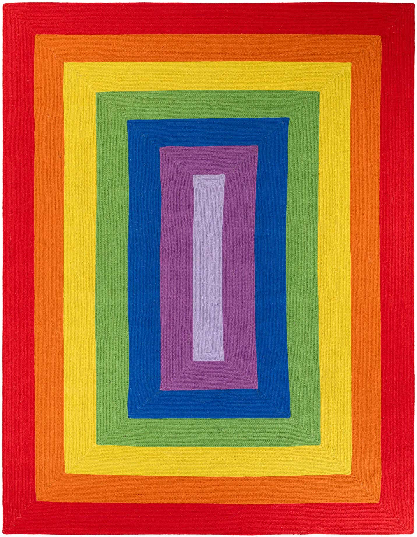 A 10x14 rectangular multi-colored wool area rug featuring a vibrant rainbow concentric rectangle pattern.