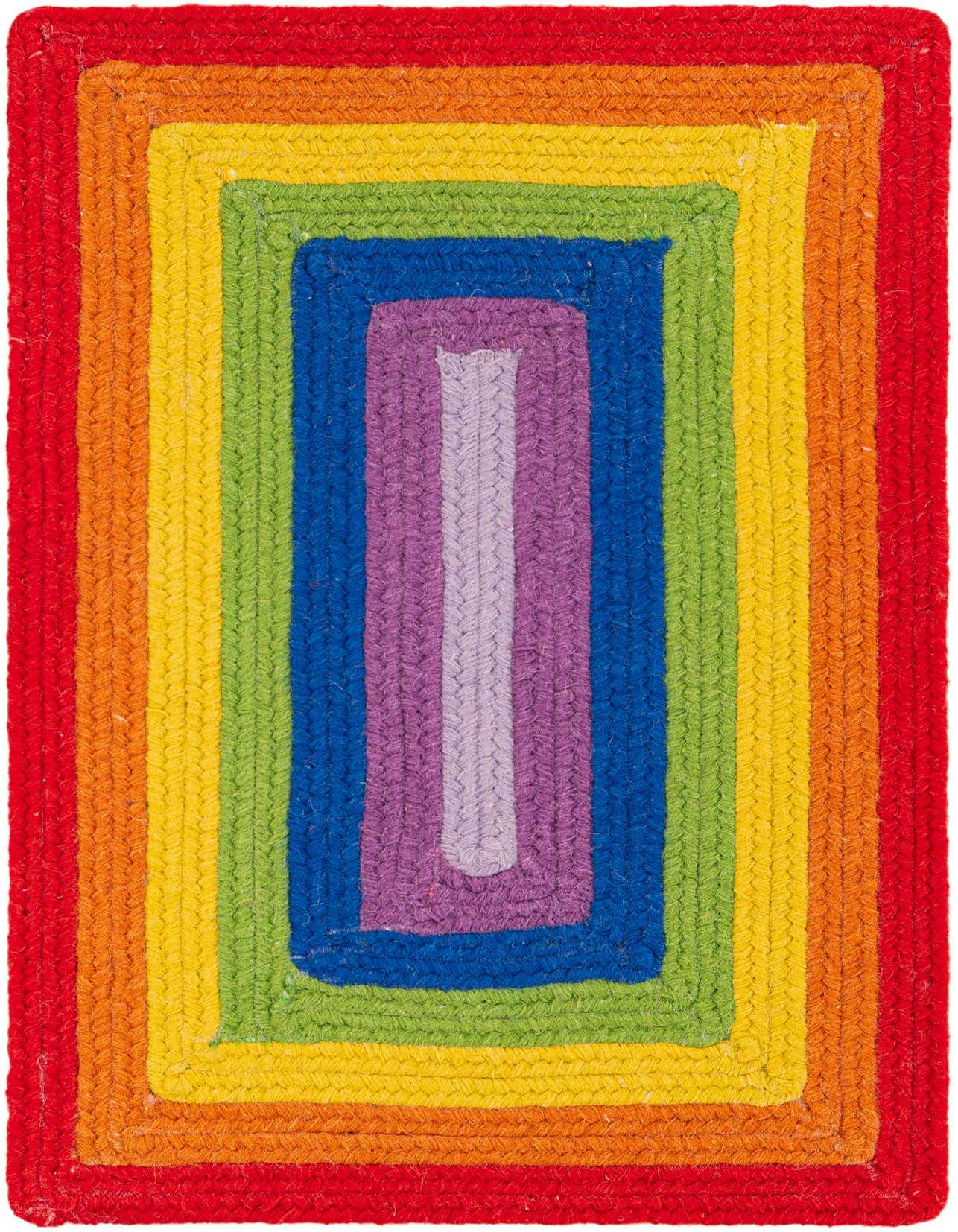 A vibrant 2x3 rectangular braided wool rug featuring concentric rectangles in rainbow colors: red, orange, yellow, green, blue, purple, and light purple.