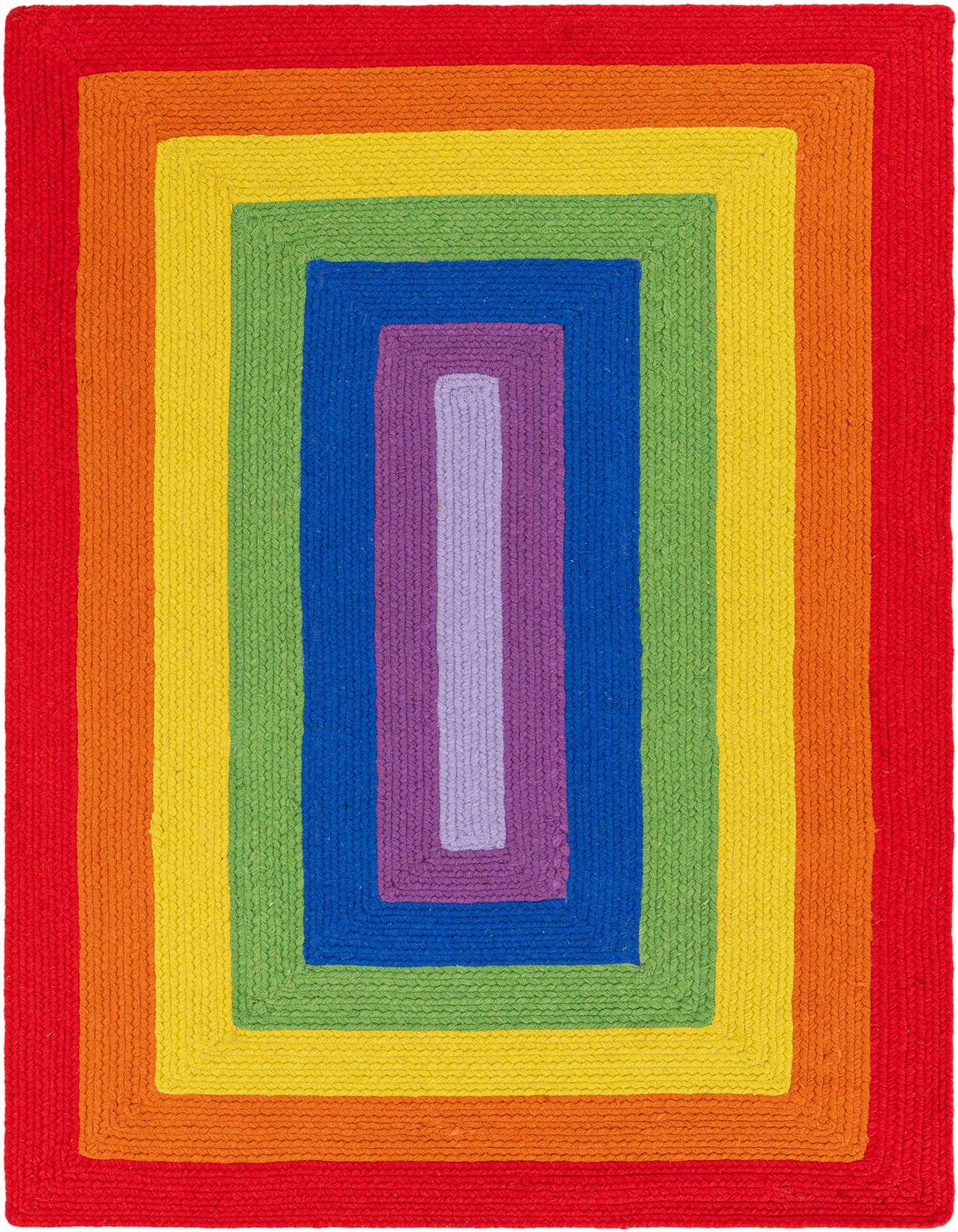 A 4x6 rectangular Hand Braided Rainbow Wool rug featuring concentric rectangles in vibrant red, orange, yellow, green, blue, purple, and lavender.
