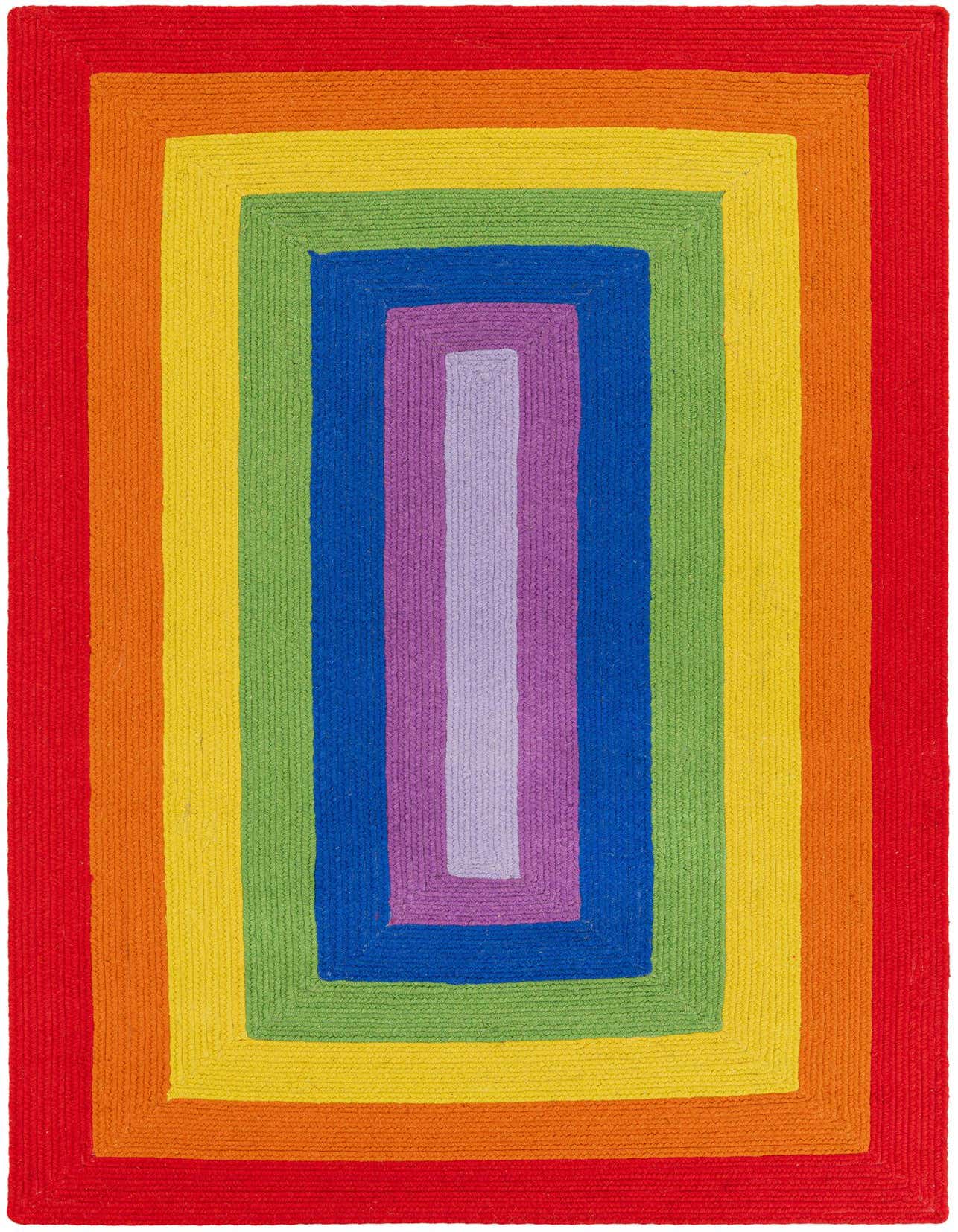 A vibrant 5x8 rectangular braided wool rug with concentric rainbow stripes in red, orange, yellow, green, blue, and purple.