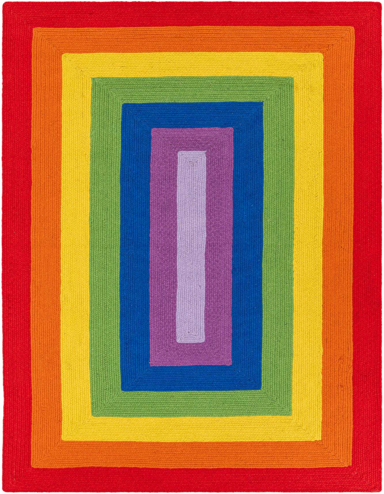 A vibrant 6x9 rectangular rug featuring concentric rainbow-colored braids, perfect for a modern living room.