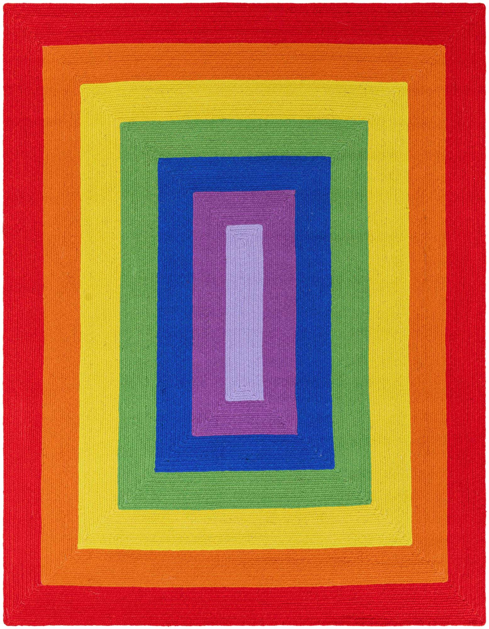 A vibrant 8x10 rectangular rug featuring concentric rainbow-colored braids, from red to purple, creating a bold statement.