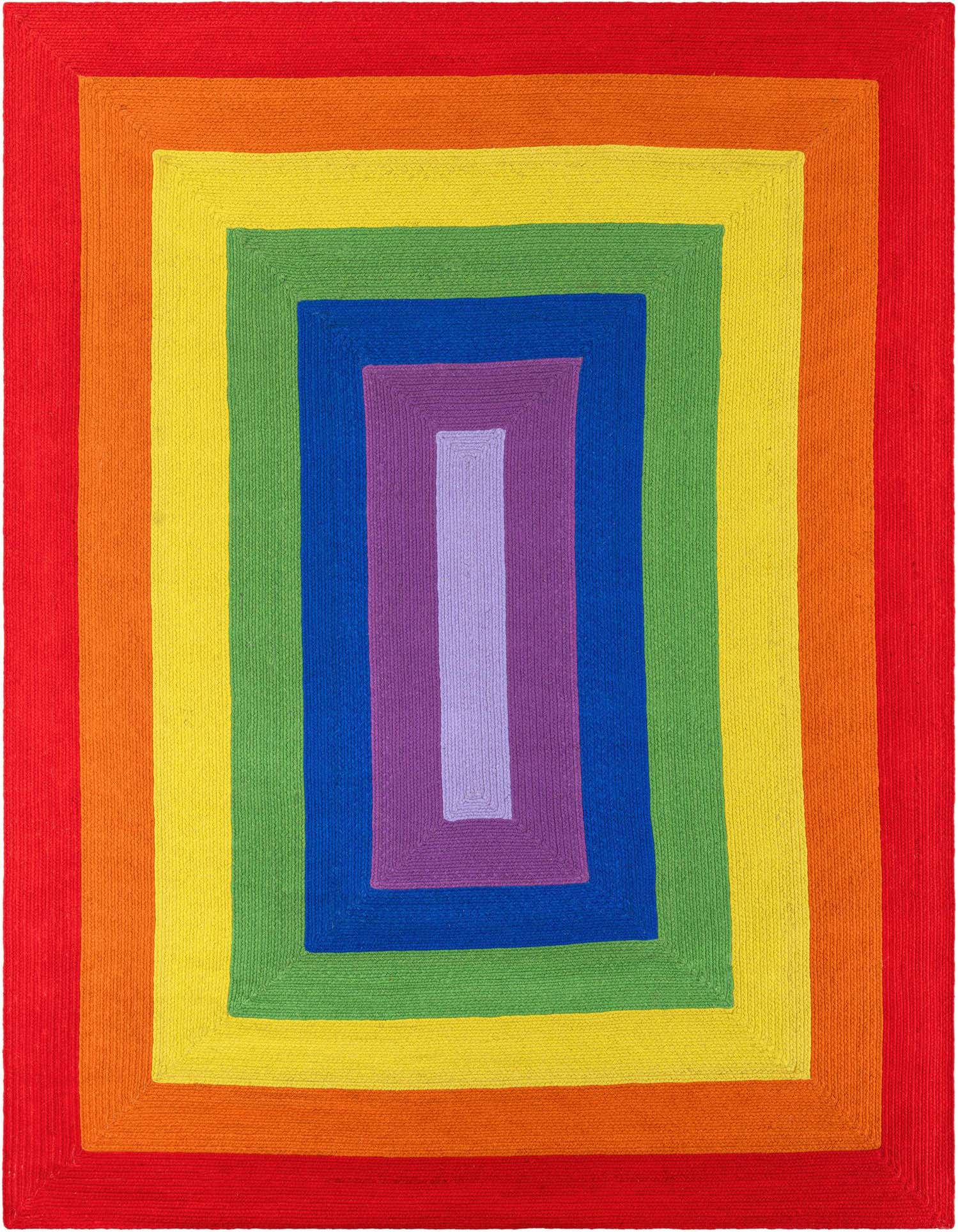 A vibrant 9x12 rectangular hand-braided wool rug featuring a modern rainbow pattern with concentric rectangles in red, orange, yellow, green, blue, and purple.