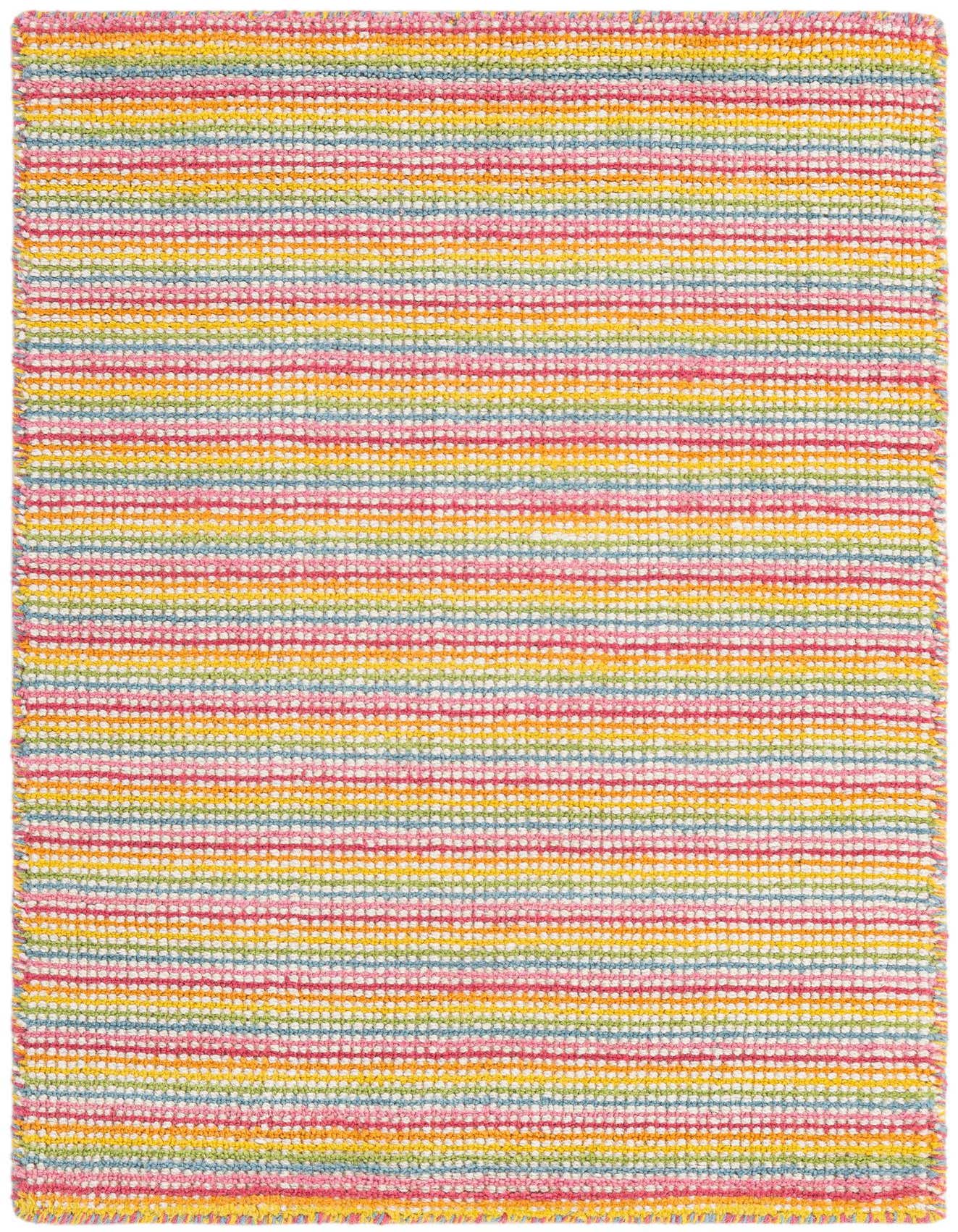 A 2x3 rectangular, multi-colored wool rug with horizontal stripes in pink, blue, yellow, and green, perfect for an entryway.