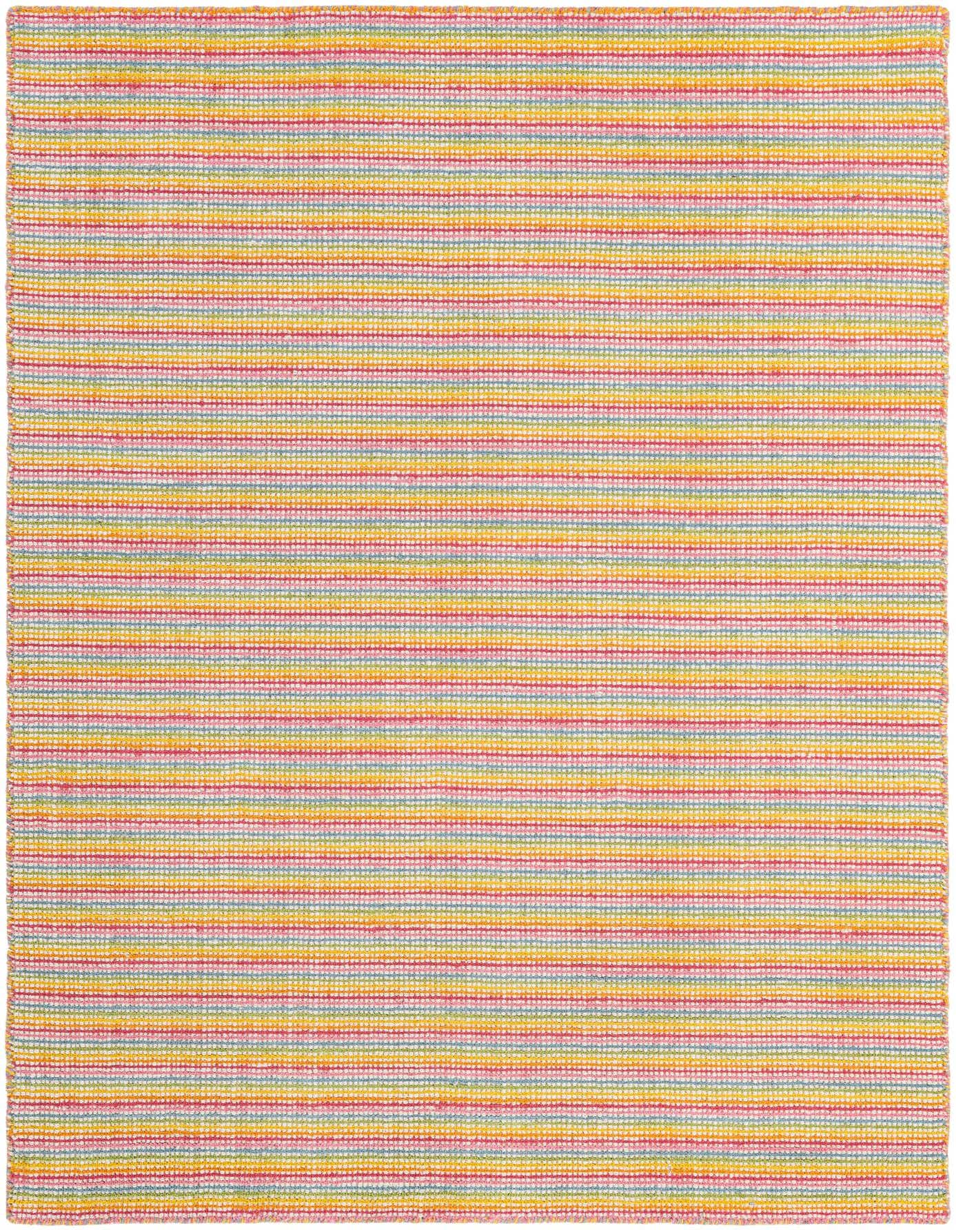 A 4x6 rectangular multi-colored wool rug with thin horizontal stripes in pink, yellow, and blue, suitable for a modern living space.