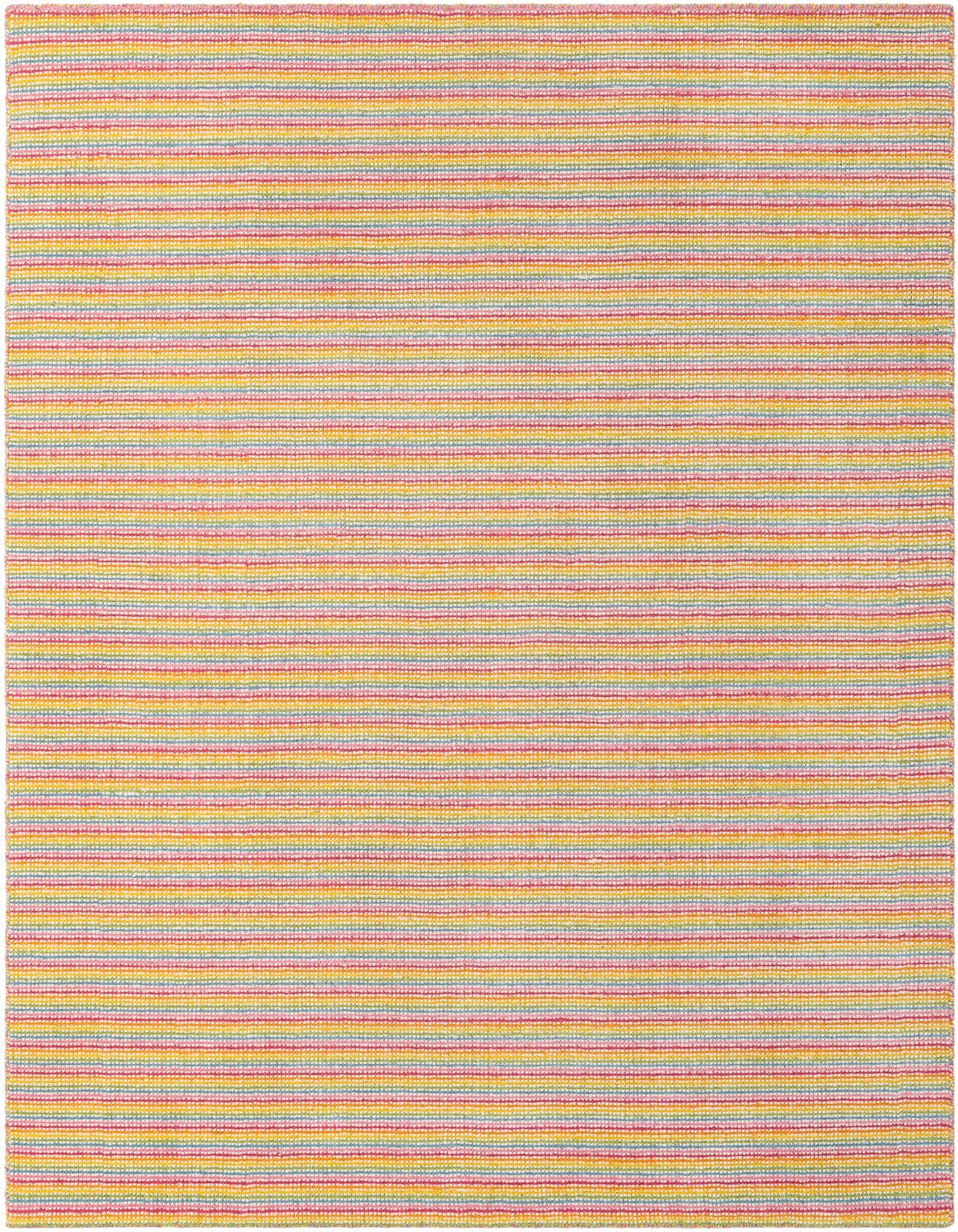 A 5x8 rectangular multi-colored wool rug with thin horizontal stripes in pink, yellow, blue, and red.