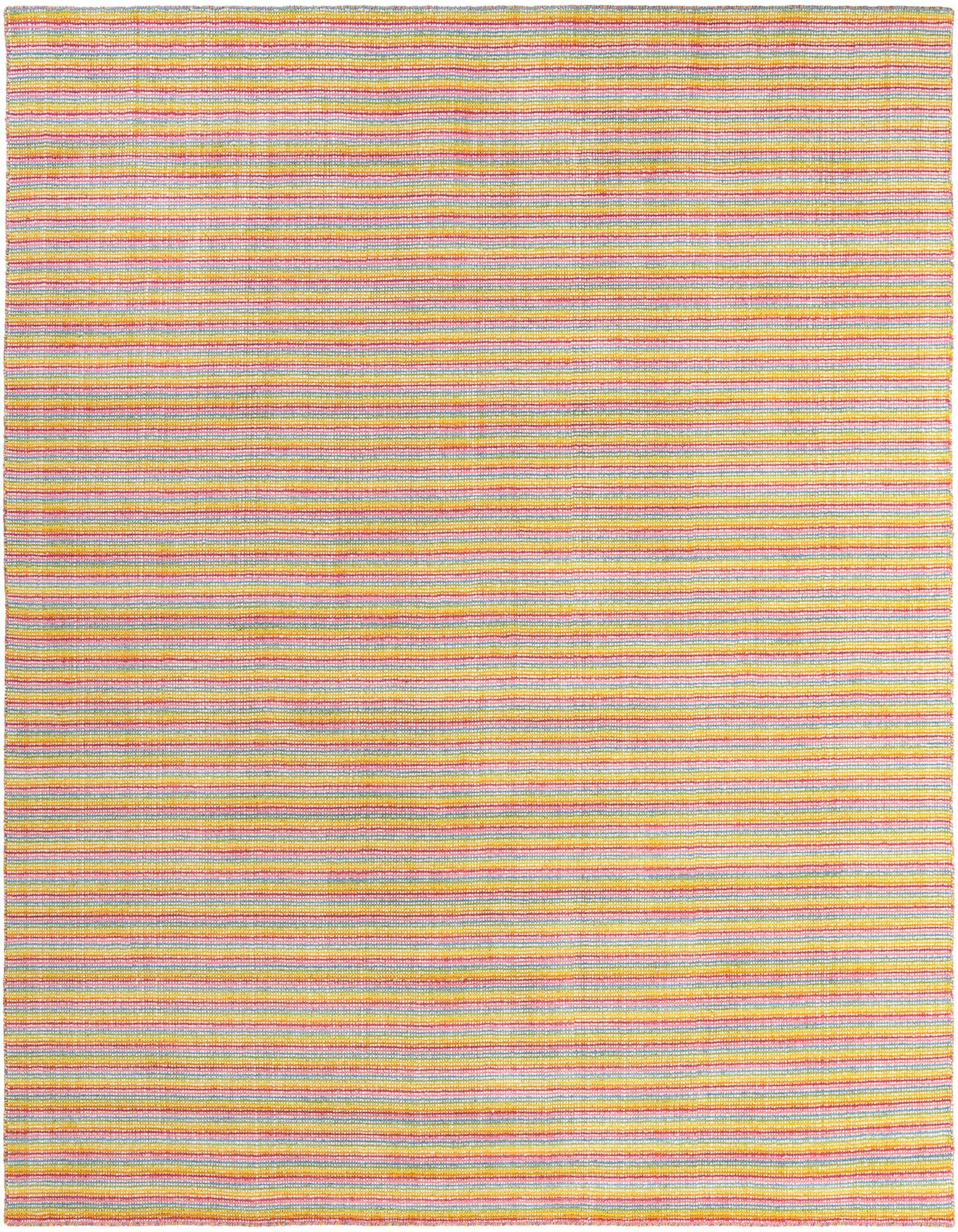 A rectangular 8x10 multi-colored modern stripe wool rug with thin horizontal lines in various bright hues.