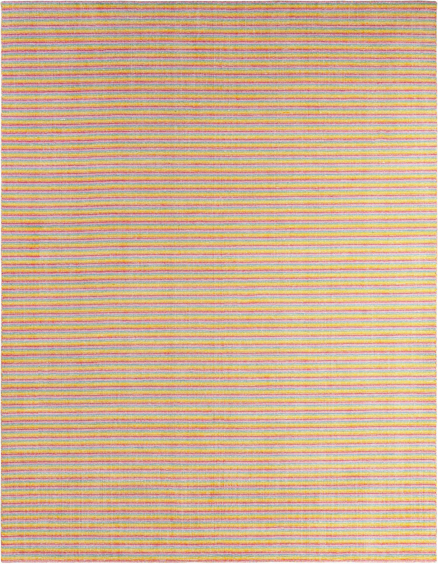 A vibrant 9x12 multi-colored rectangular wool area rug with thin horizontal stripes, perfect for a living room.