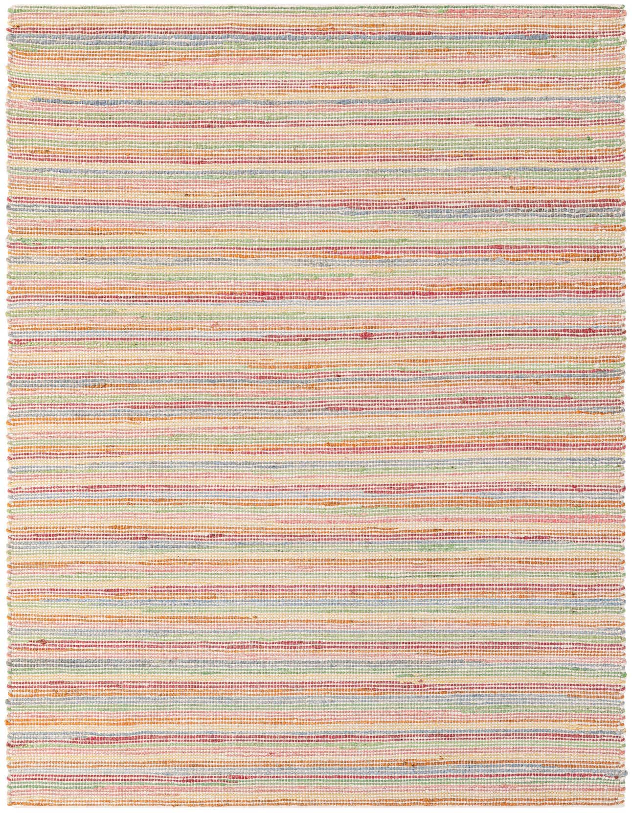 A 2x3 rectangular Rugs.com Happy Rug featuring a modern multi-colored striped pattern made from jute, wool, and cotton.