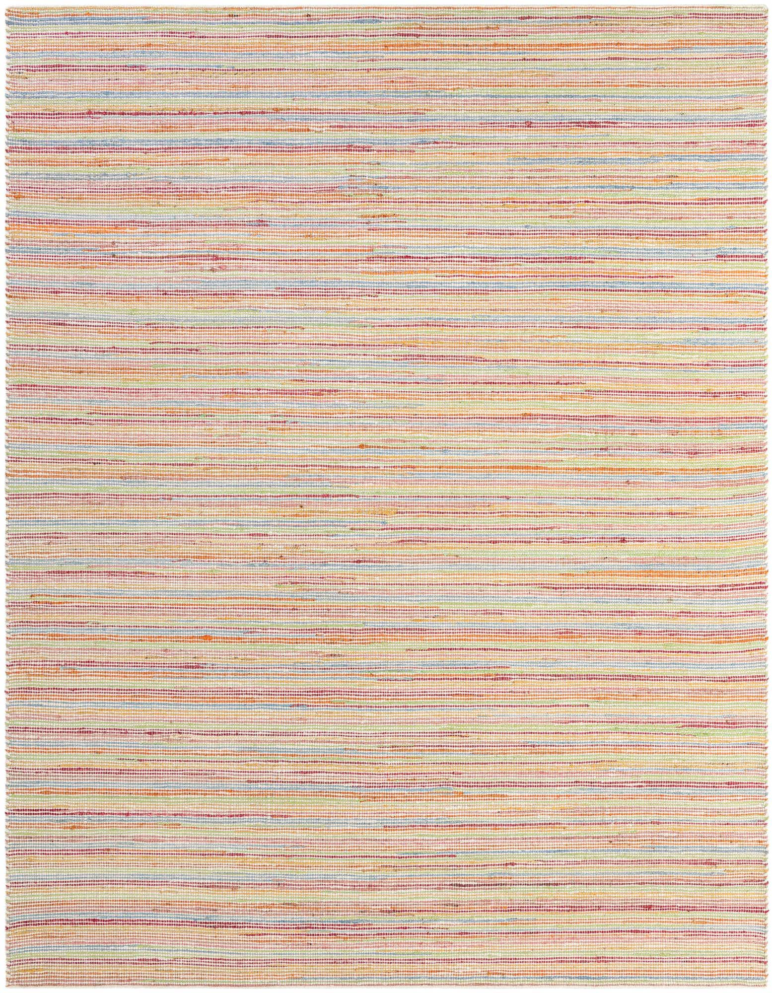 A rectangular 8x10 multi-colored striped area rug, handmade from jute, wool, and cotton, suitable for a living room.
