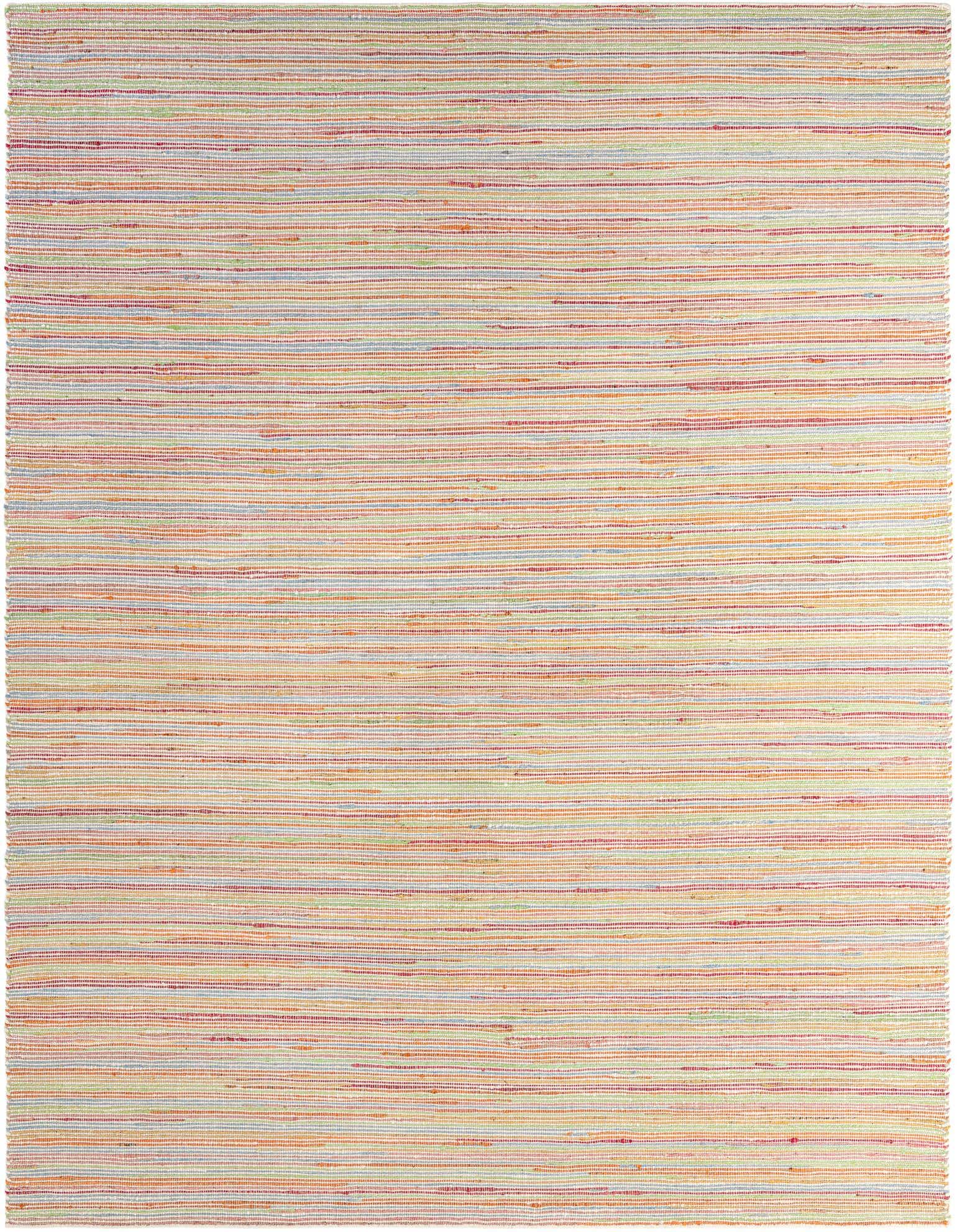 A 9x12 rectangular multi-colored modern stripe rug made of jute, wool, and cotton, suitable for a living room.