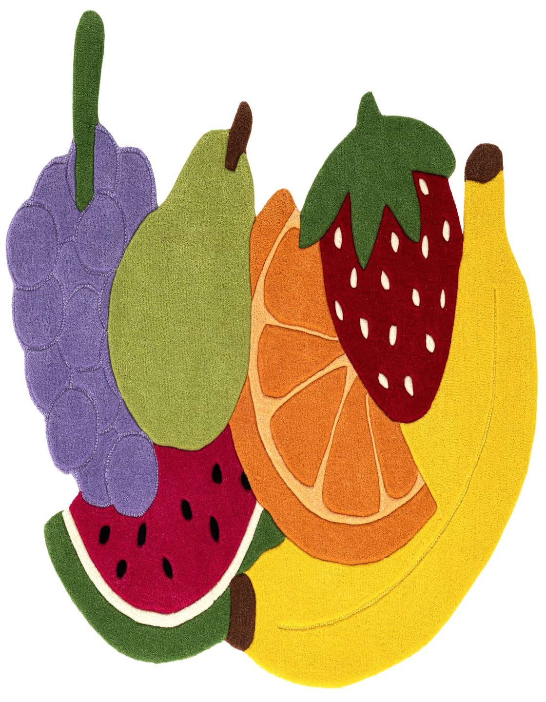 A vibrant 3x5 rectangular wool rug featuring a playful, multi-colored fruit design including grapes, a pear, watermelon, orange slice, strawberry, and banana.