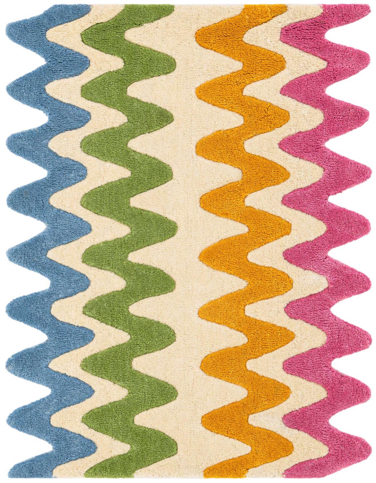 A 2x3 rectangular Rugs.com Happy Rug featuring thick, wavy stripes in blue, green, orange, and pink on a cream background.
