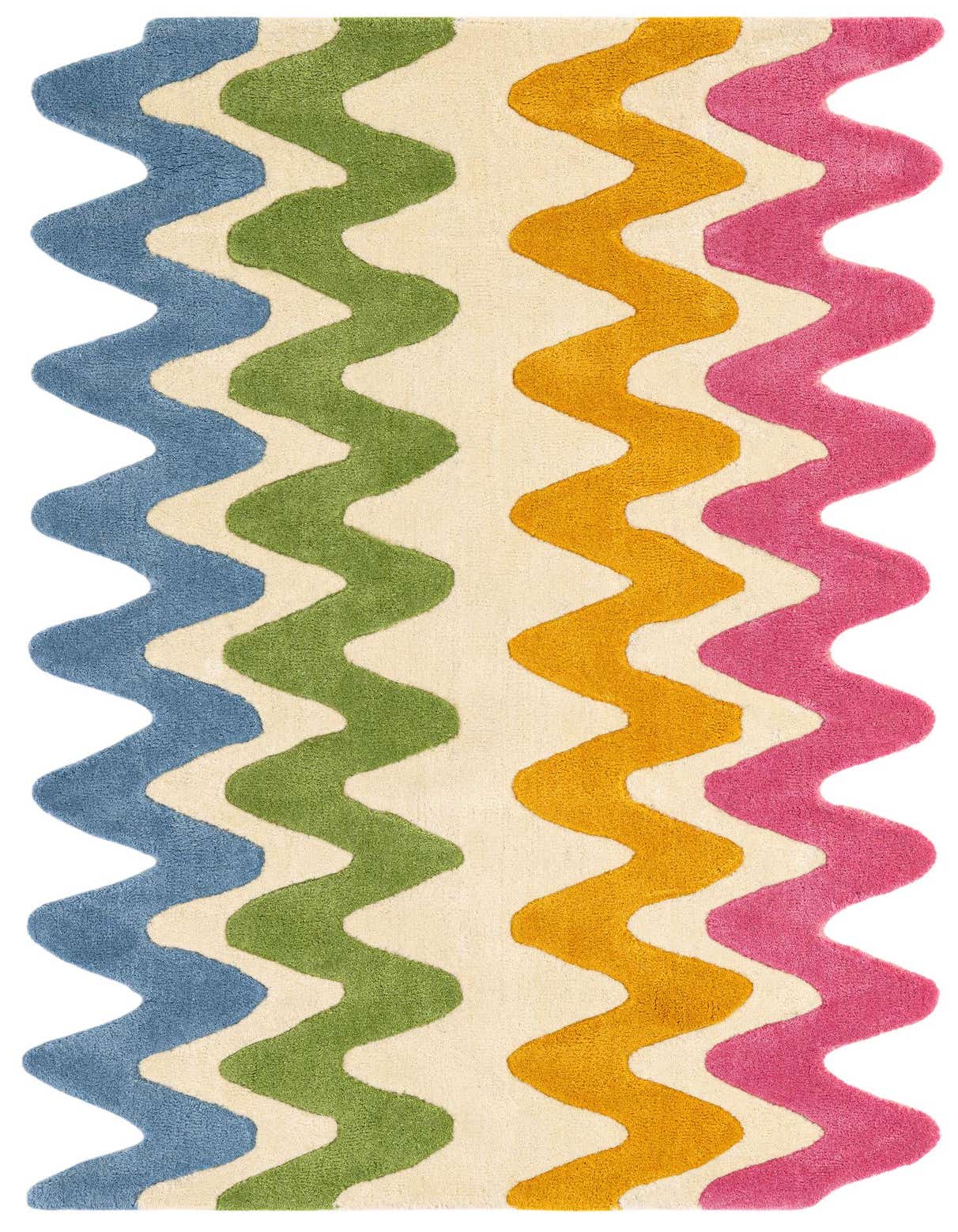 A 3x5 rectangular Happy Rug with a modern wavy stripe pattern in blue, green, gold, and pink on a cream background.