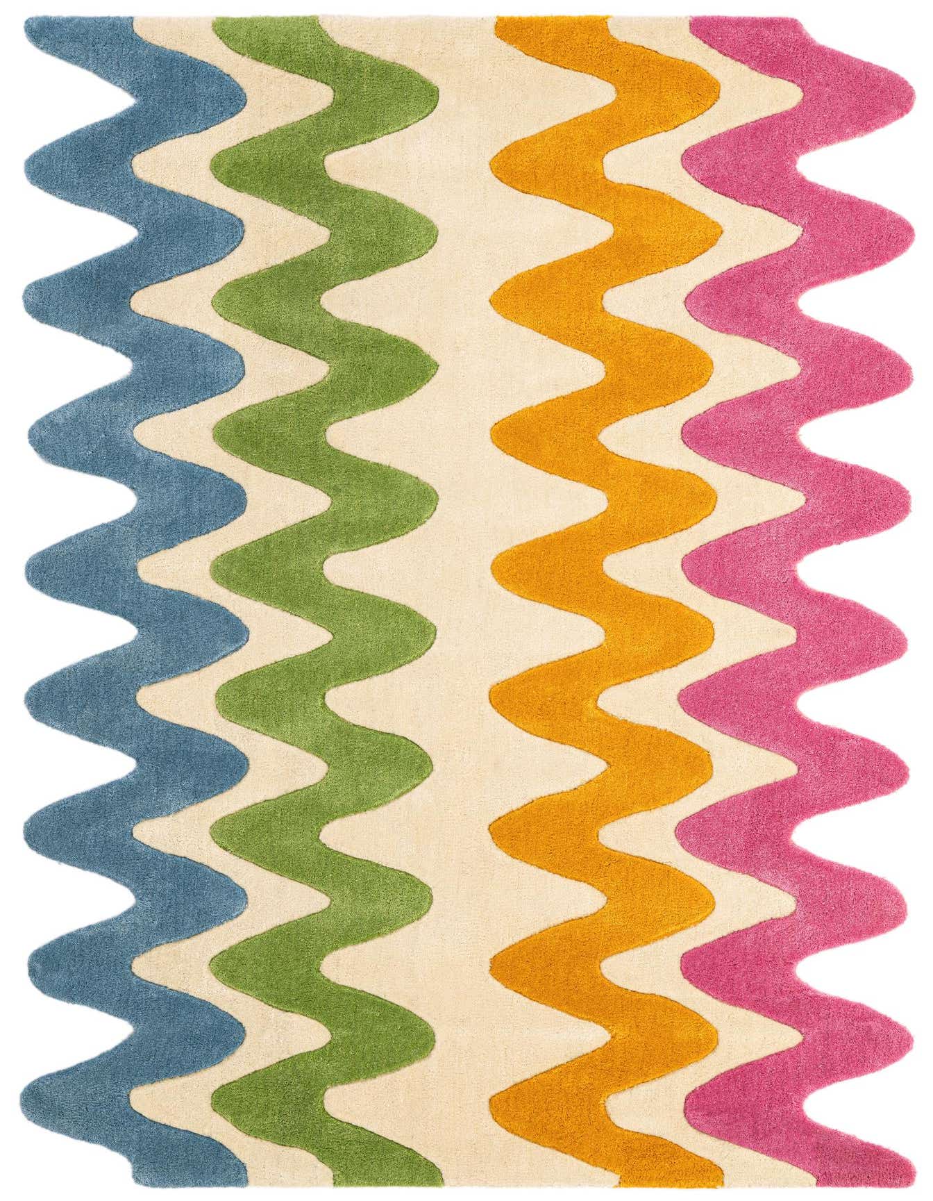 A 4x6 rectangular multi-colored wool rug featuring wavy stripes in blue, green, gold, and pink on a cream background, ideal for a modern living room.