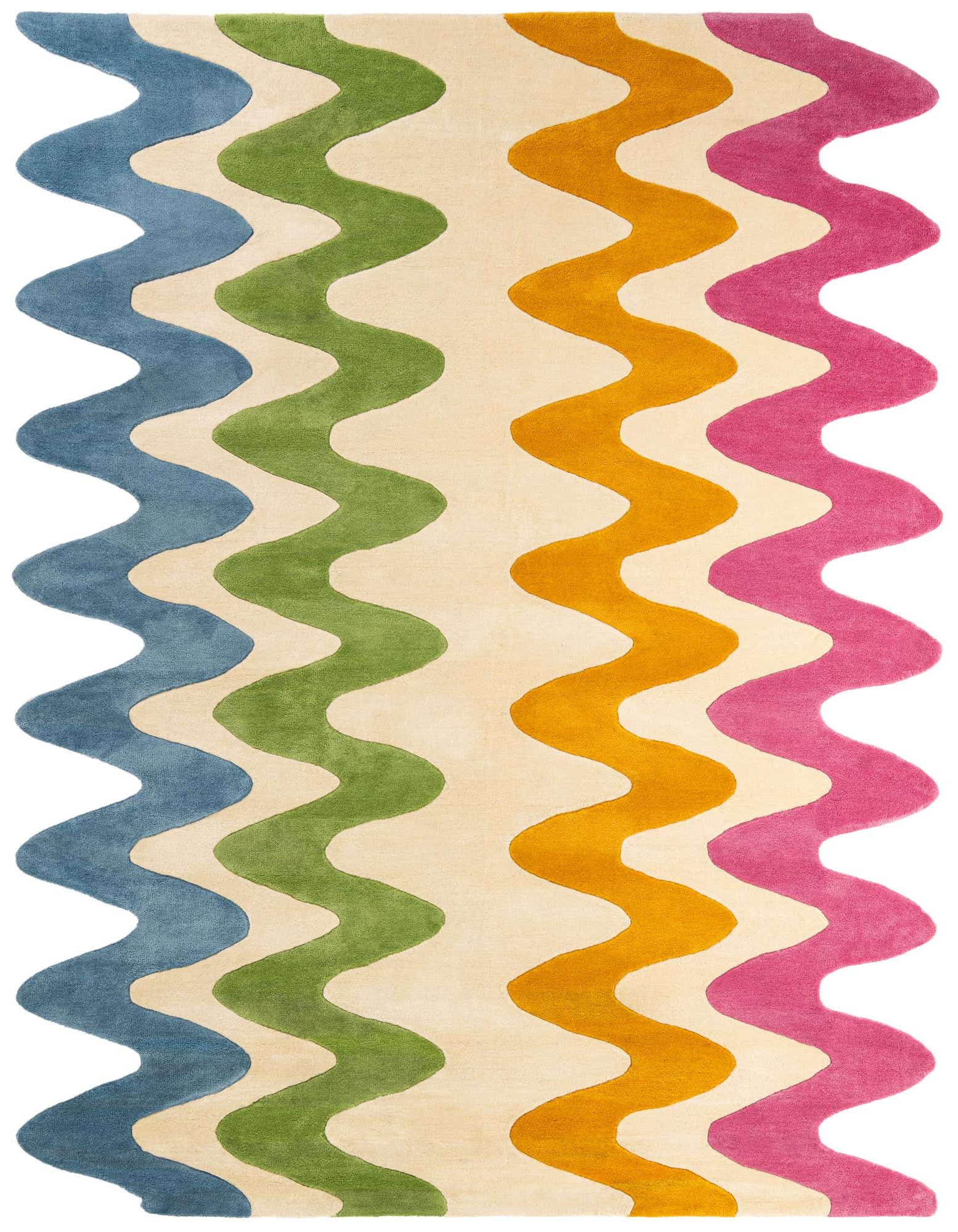 A rectangular 8x10 multi-colored wool rug with a modern wavy pattern in blue, green, orange, and pink on a cream background.
